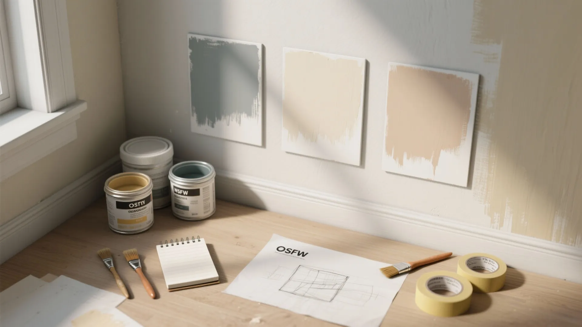 Interior design planning with paint cans color swatches on wall brushes and drawing on wooden floor