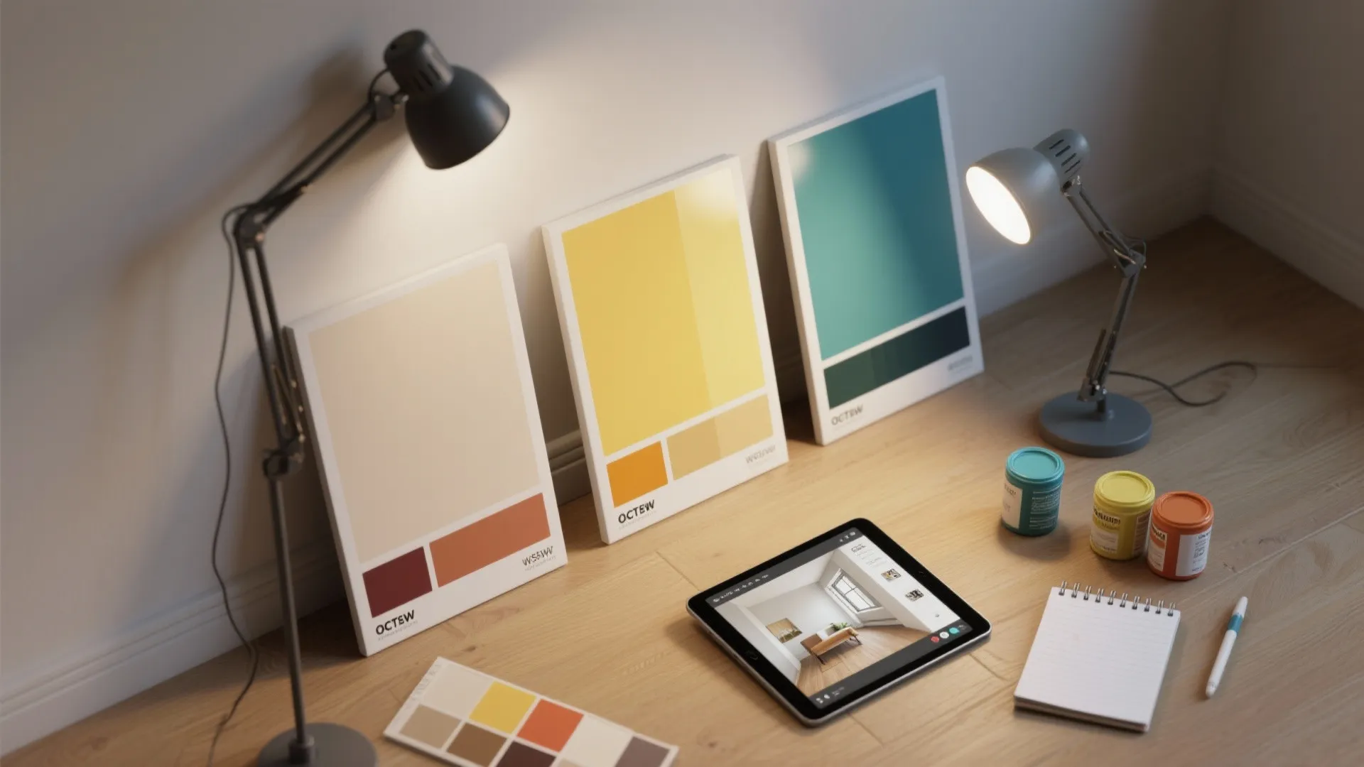 Color swatches on wall with desk lamps and tablet showing interior design drawing on floor