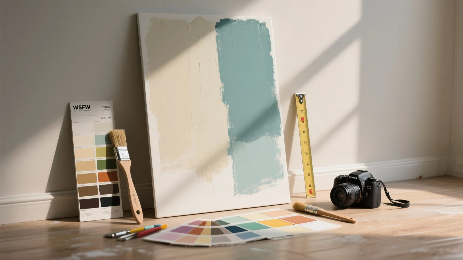 Wall paint samples on canvas with brushes color charts and camera on a wooden floor