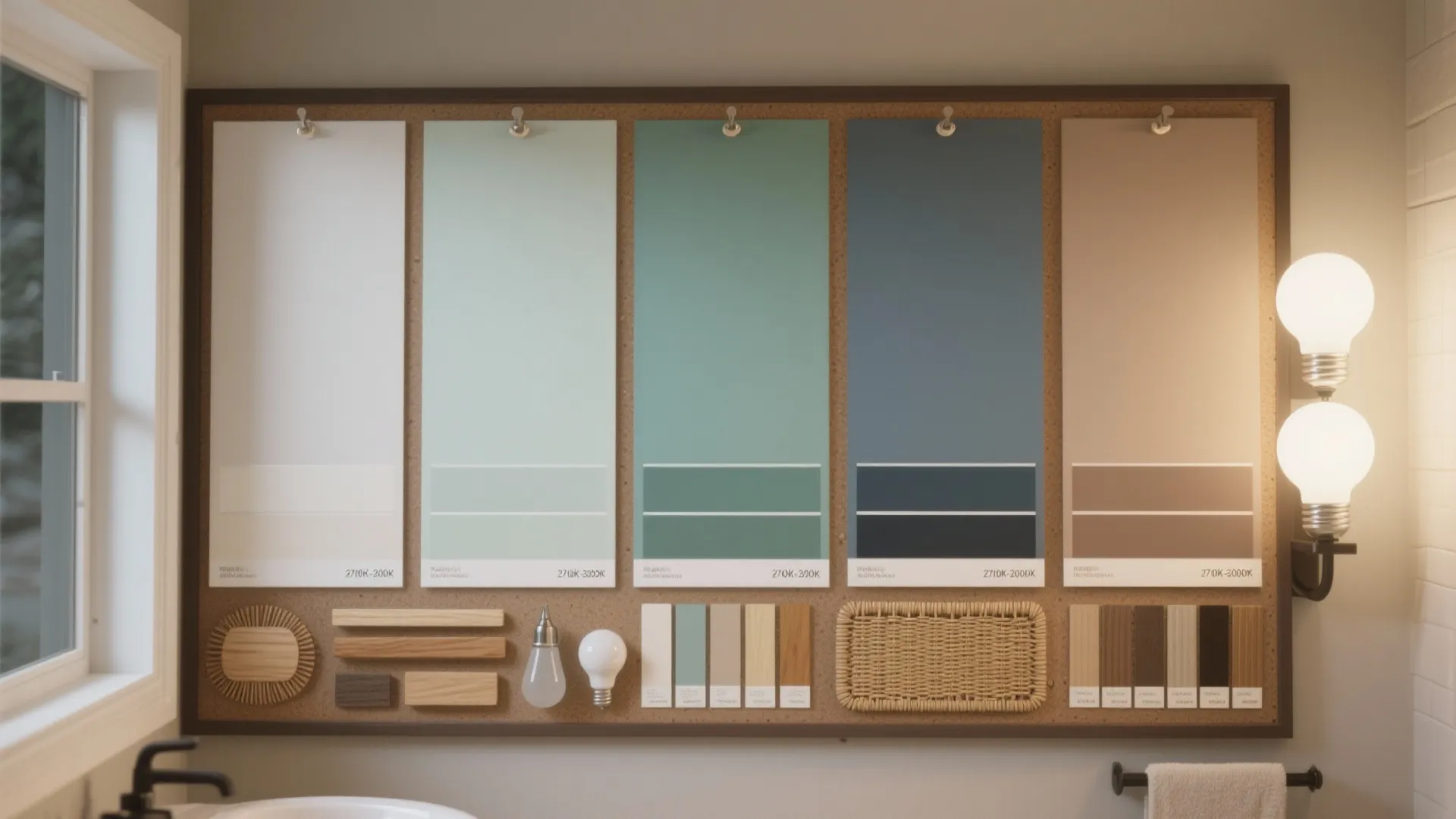 Interior design mood board with various paint color samples wood swatches and bright light bulbs display