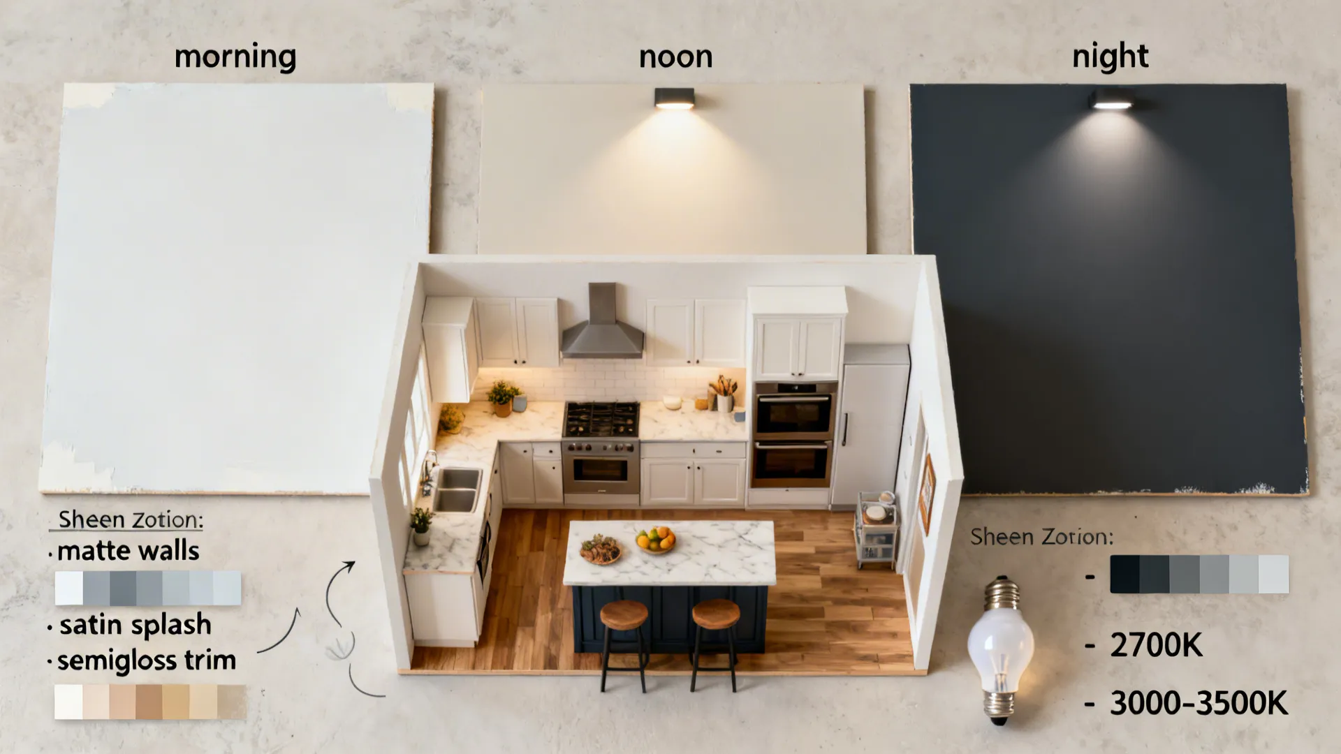 Top-down layout showing large paint samples, sheen zones, and bulb temperatures for a small kitchen.