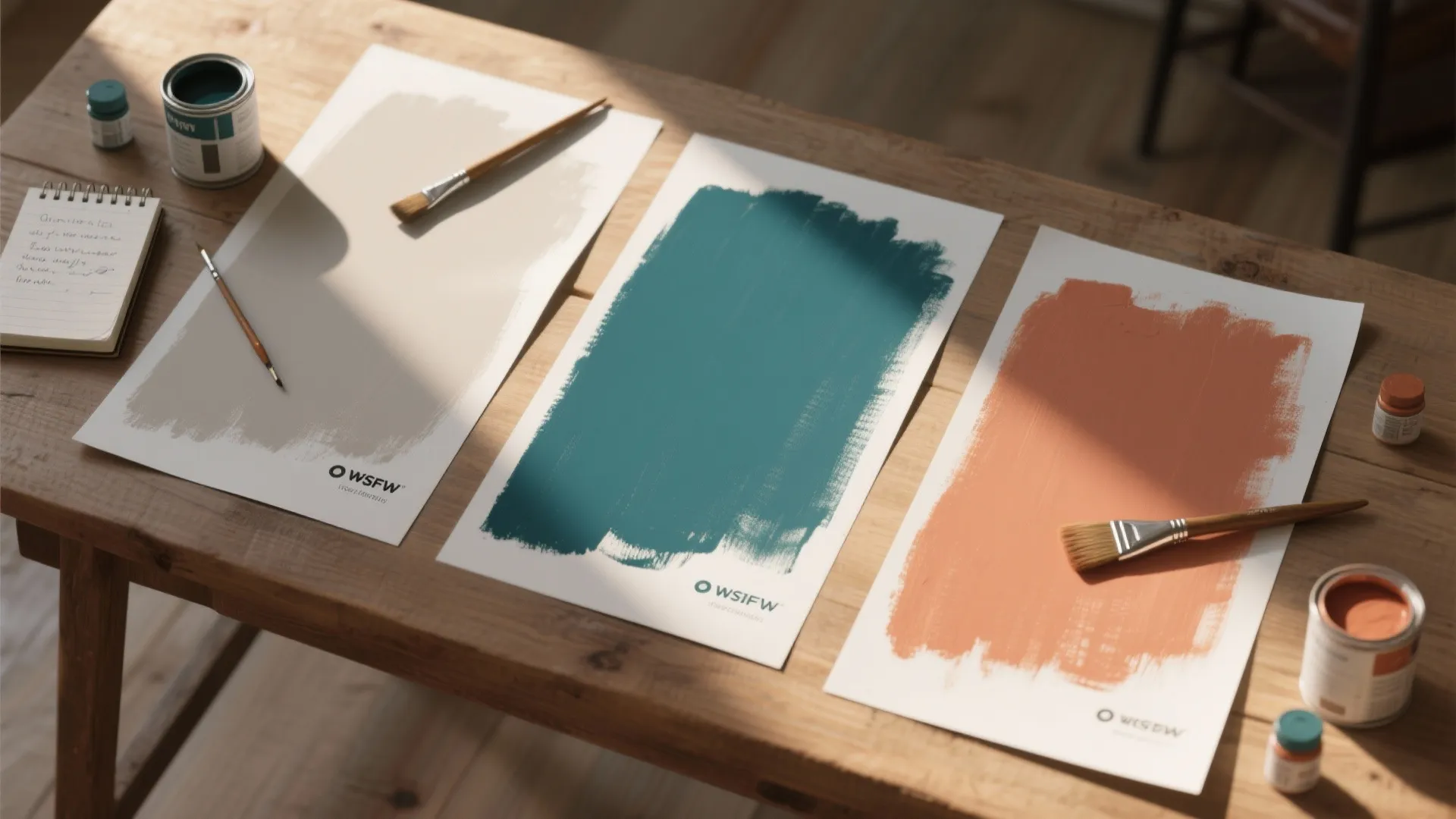 Top-down view of three hand-painted swatches, brushes and notes demonstrating paint testing workflow.