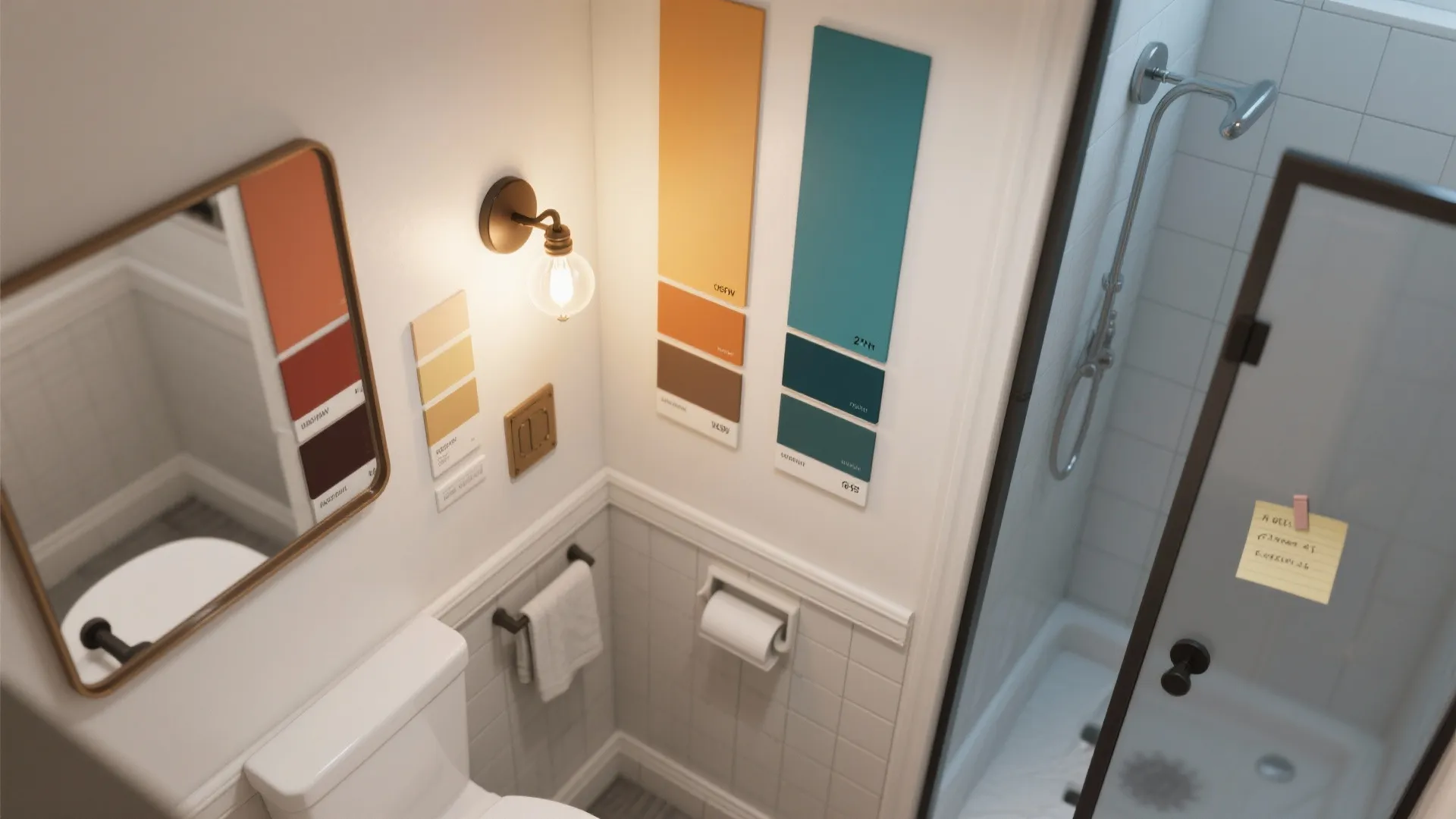 Small bathroom corner with wall light colorful paint samples hanging above a white toilet seat