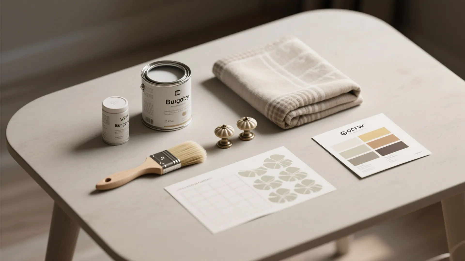 Flatlay of paint cans, textile swatches and removable decal samples for testing a gingerbread theme.