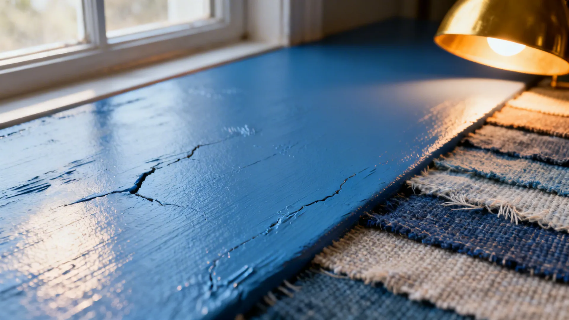 Close-up of blue paint finish and fabrics showing how lighting affects tones.