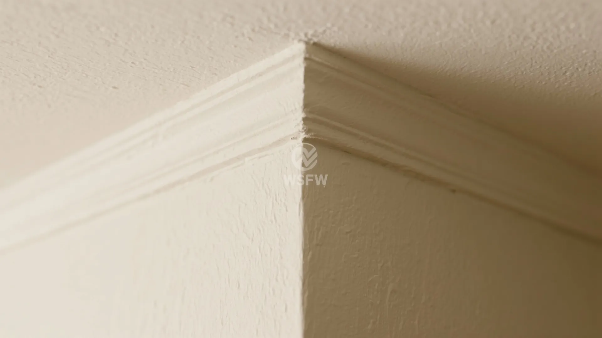 Close up view of cream colored wall paint texture and ceiling trim in a home