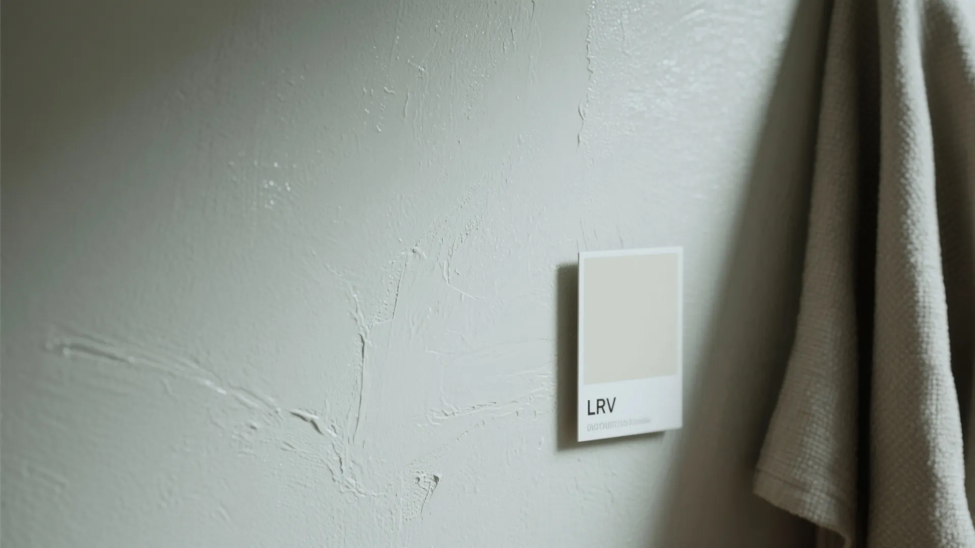 Close up of light green wall paint texture with a small square color sample card