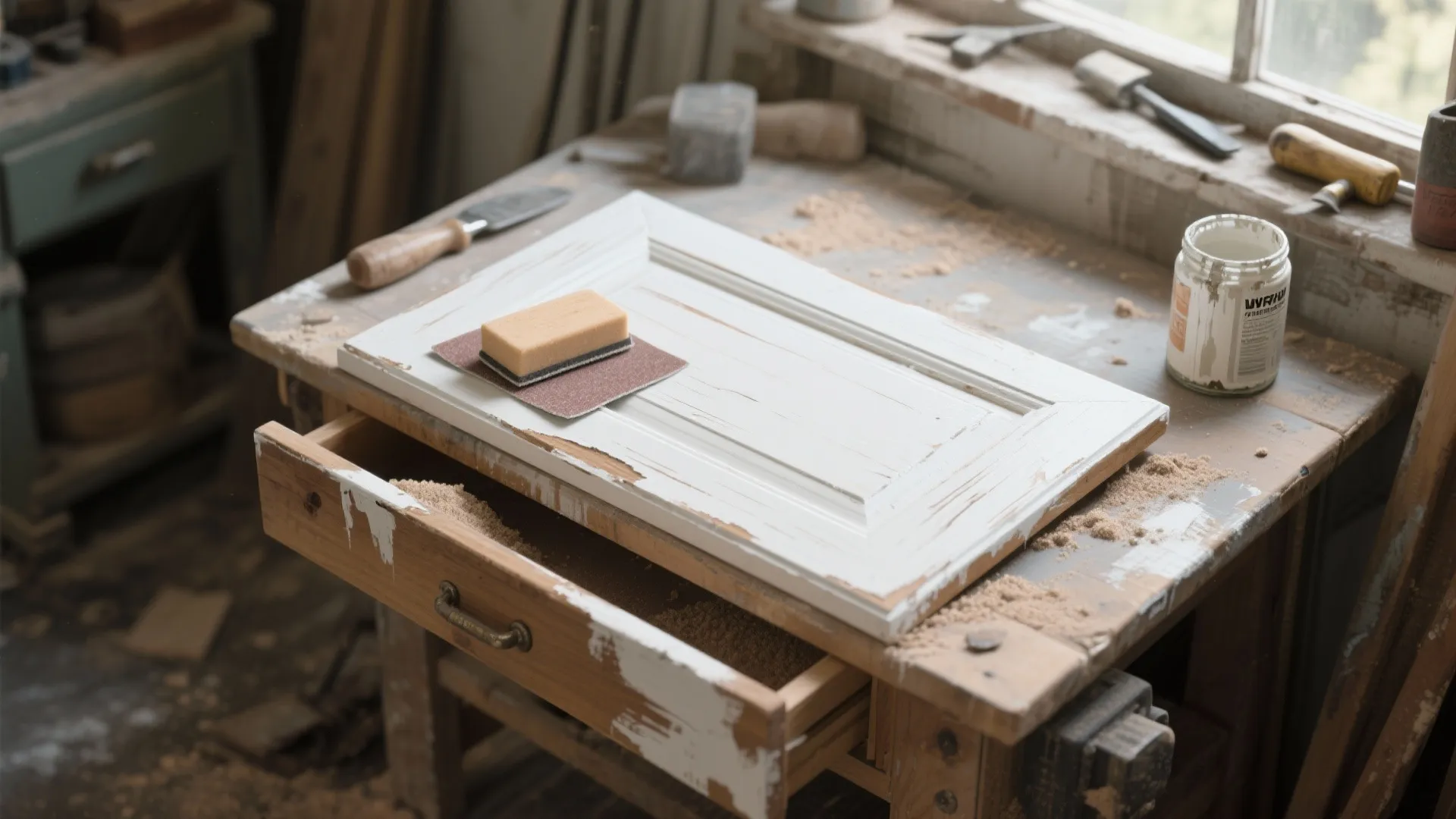 Sanding a white painted wooden cabinet door on a workbench with sandpaper and paint can