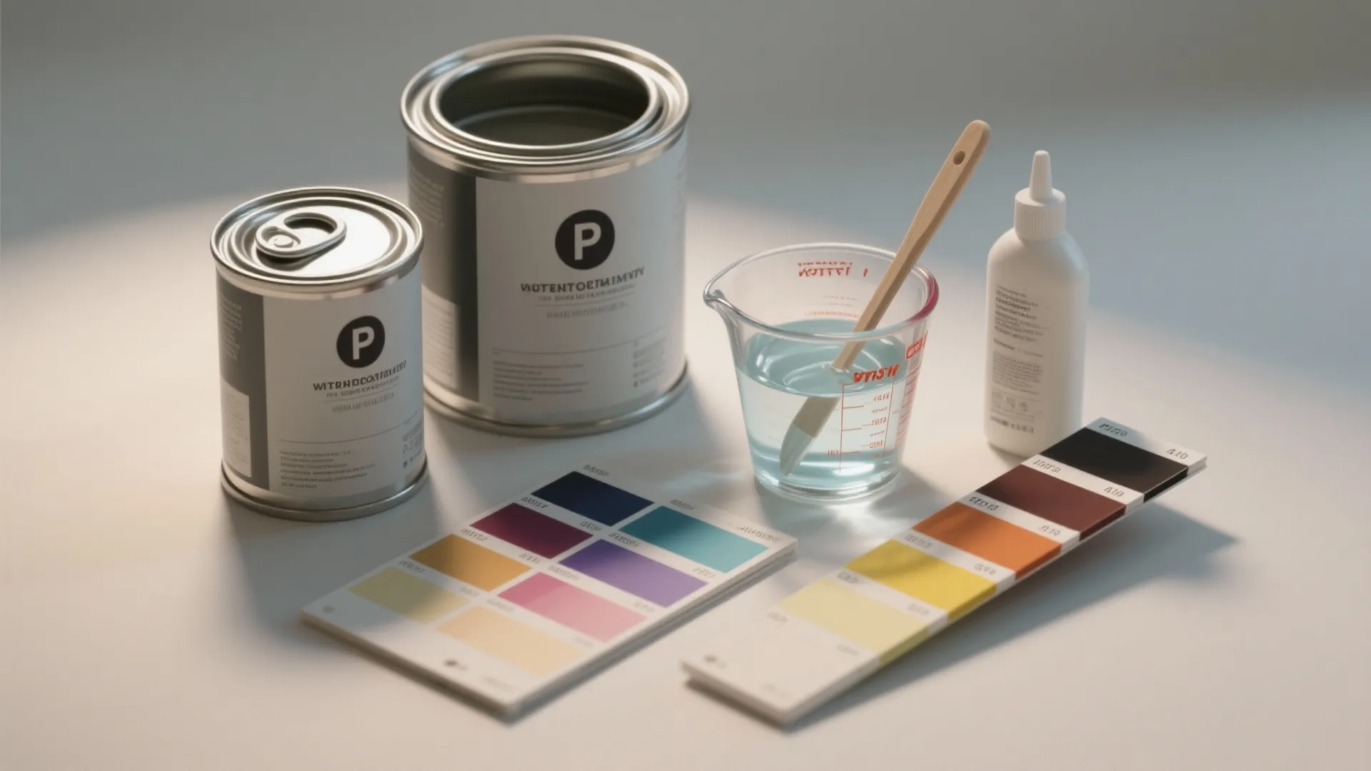 Two paint cans next to color cards and clear water in measuring cup for wall painting