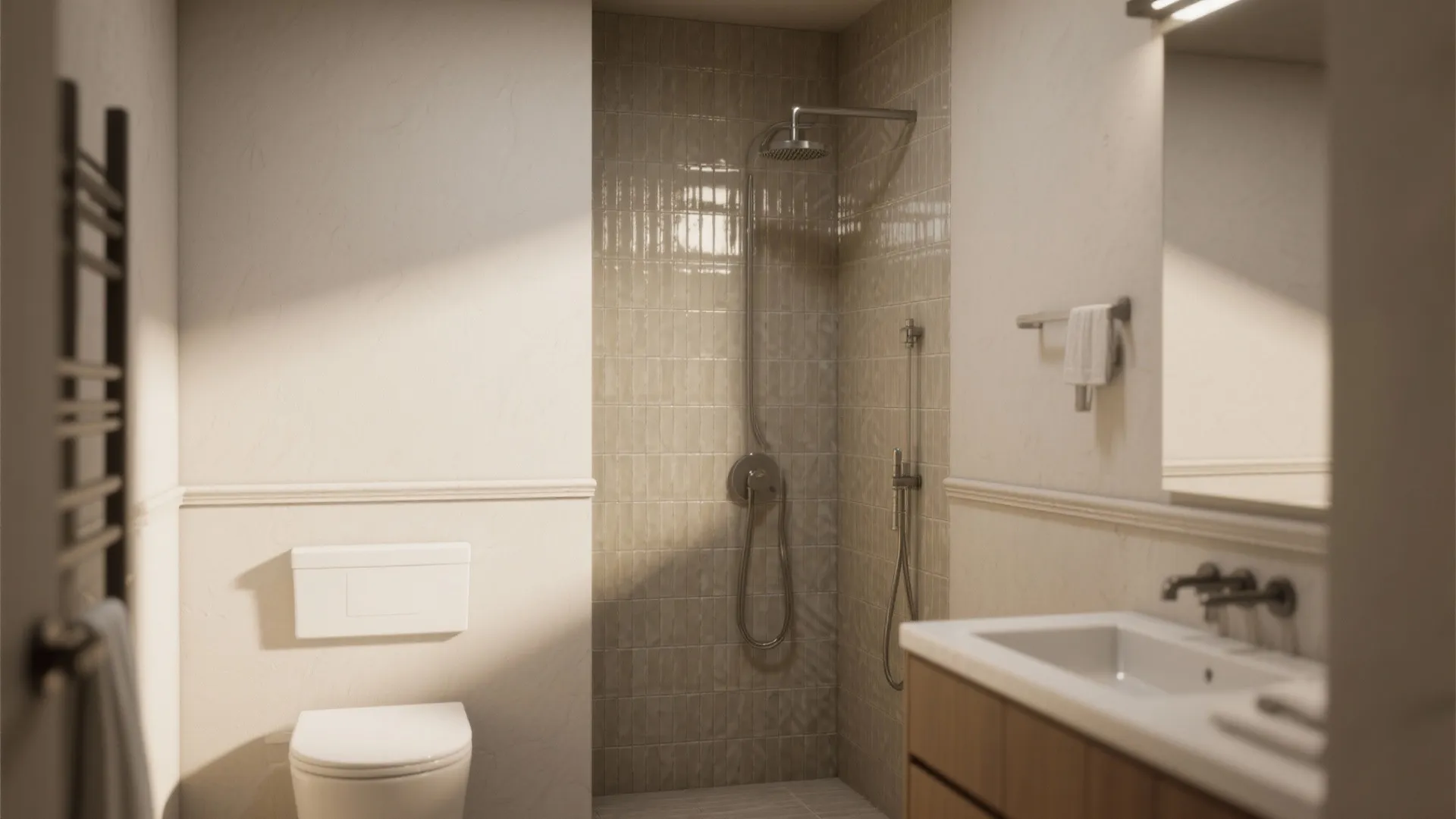 Modern bathroom with a walk-in shower beige wall tiles white toilet and a wooden sink