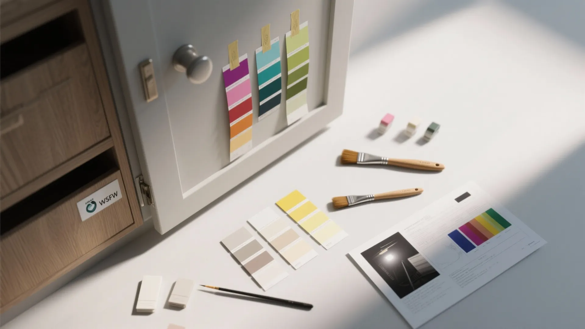 White desk featuring paint brushes and color cards beside cabinet door with taped colorful paint swatches