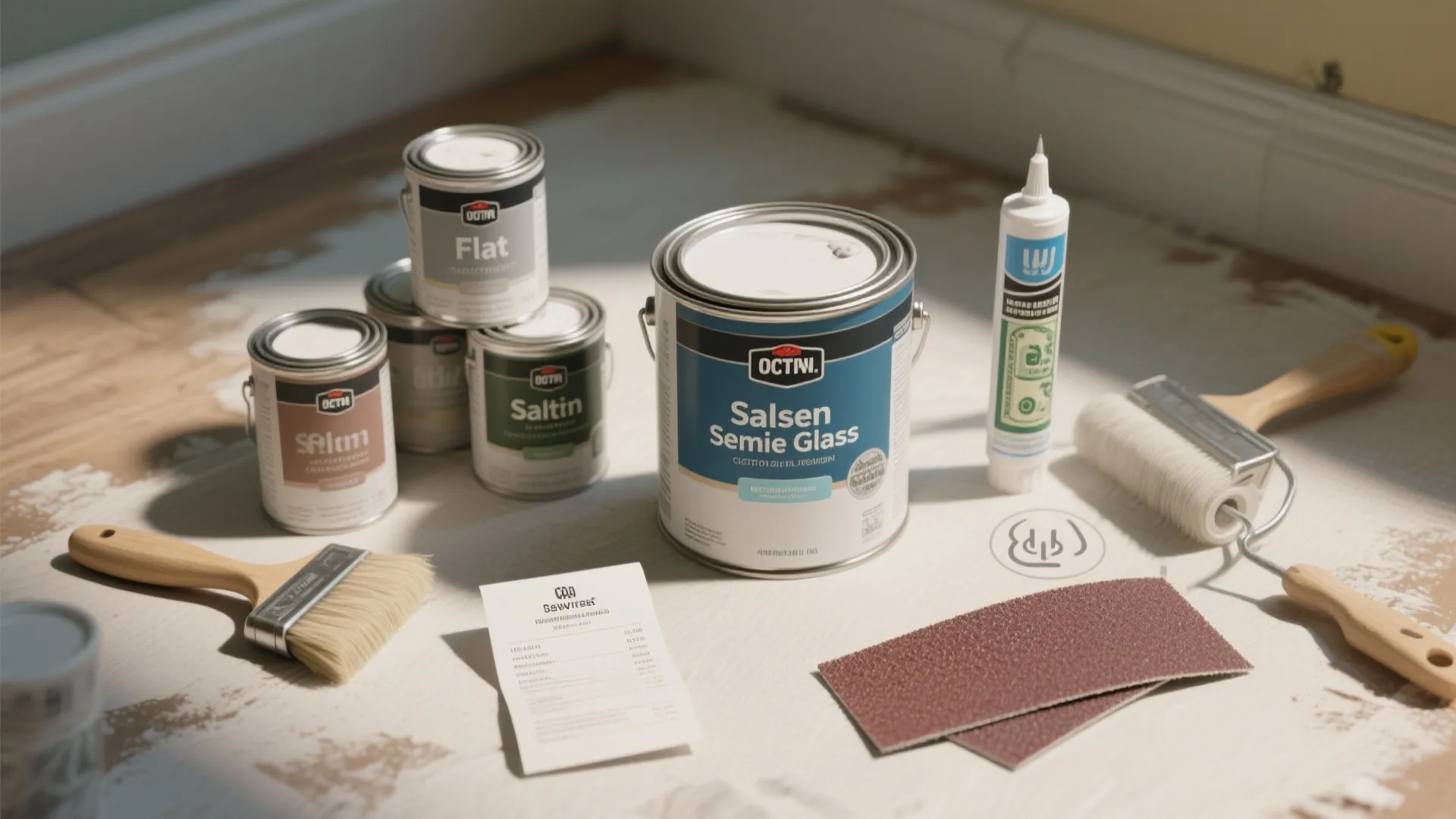 Flatlay of paint cans, caulk, sandpaper and notes showing tips and small-case examples