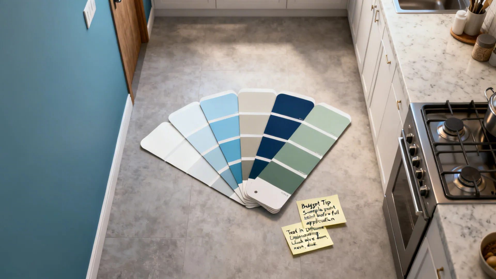 Top-down view of a kitchen layout, paint swatches, and notes illustrating budget and testing tips.
