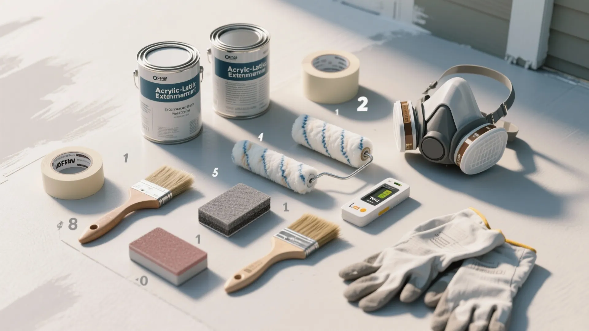 House painting equipment with paint cans brushes rollers tape sponges protective gloves and face mask