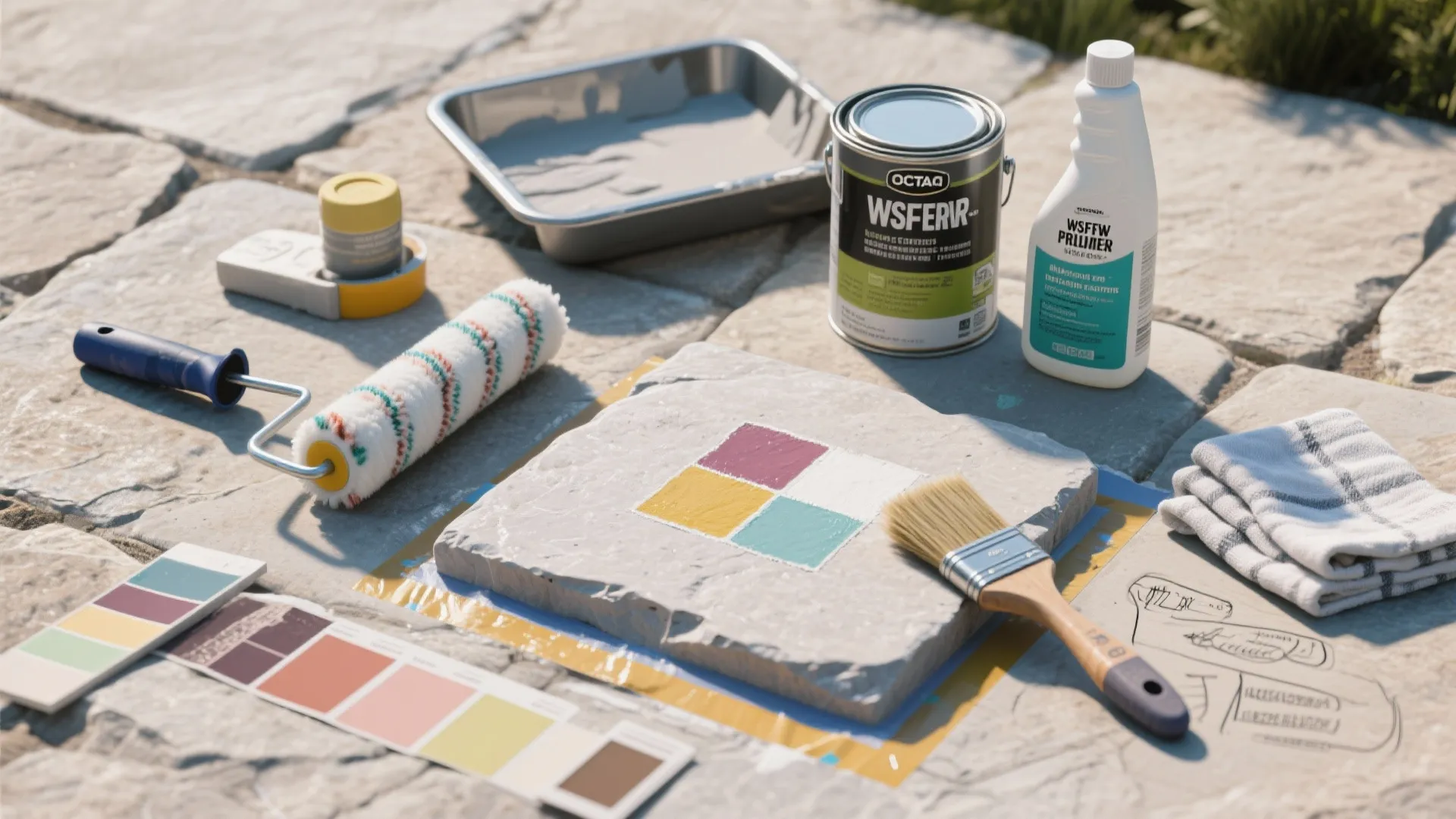 Various painting tools like roller brush and paint cans on stone floor with colorful paint swatches