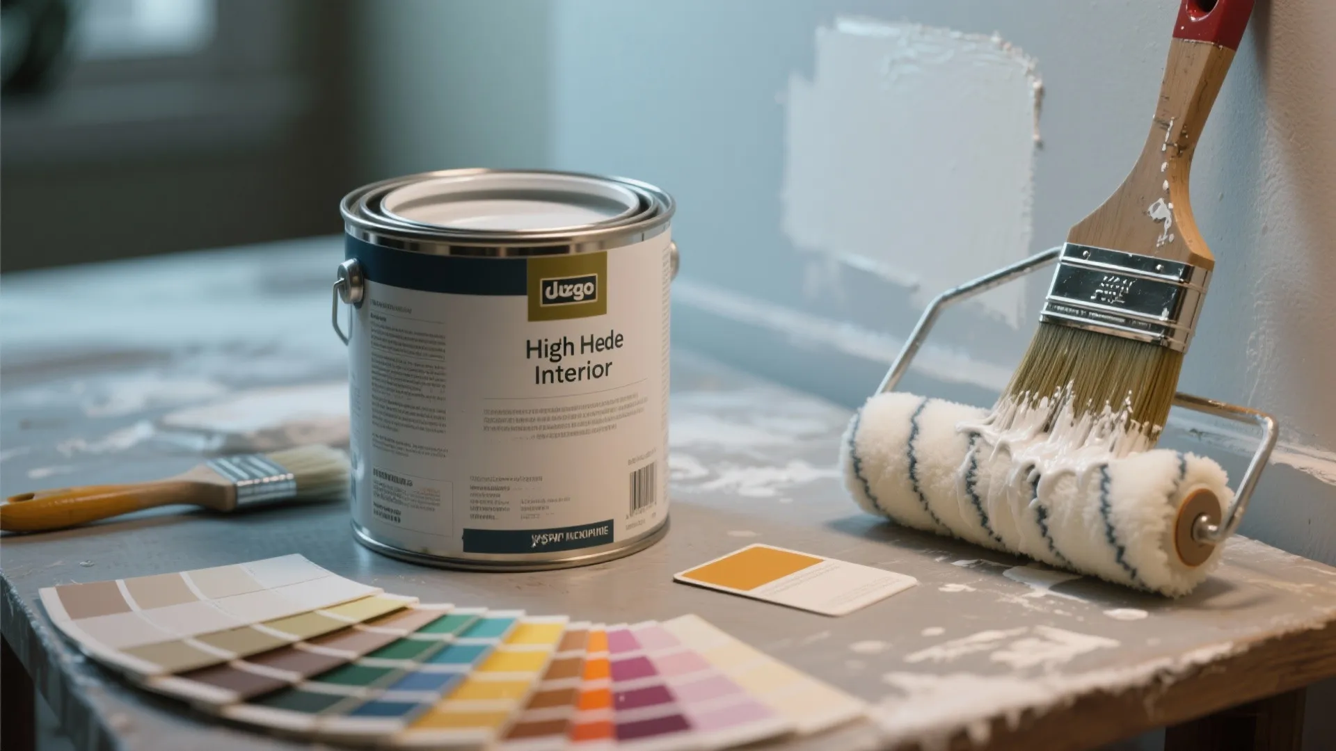 Macro view of painting tools, swatches and a small wall sample showing one-coat coverage and true pigment.
