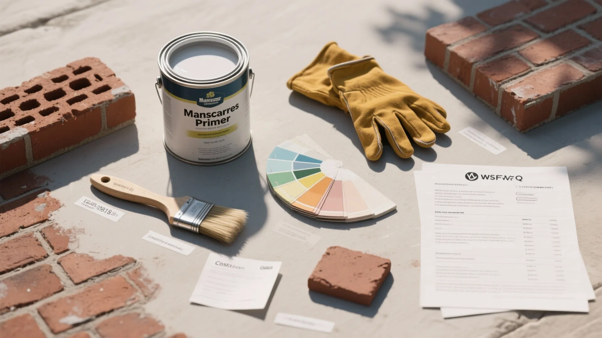 Flatlay of masonry primer, paint swatches, brushes and a small FAQ sheet about painting brick.