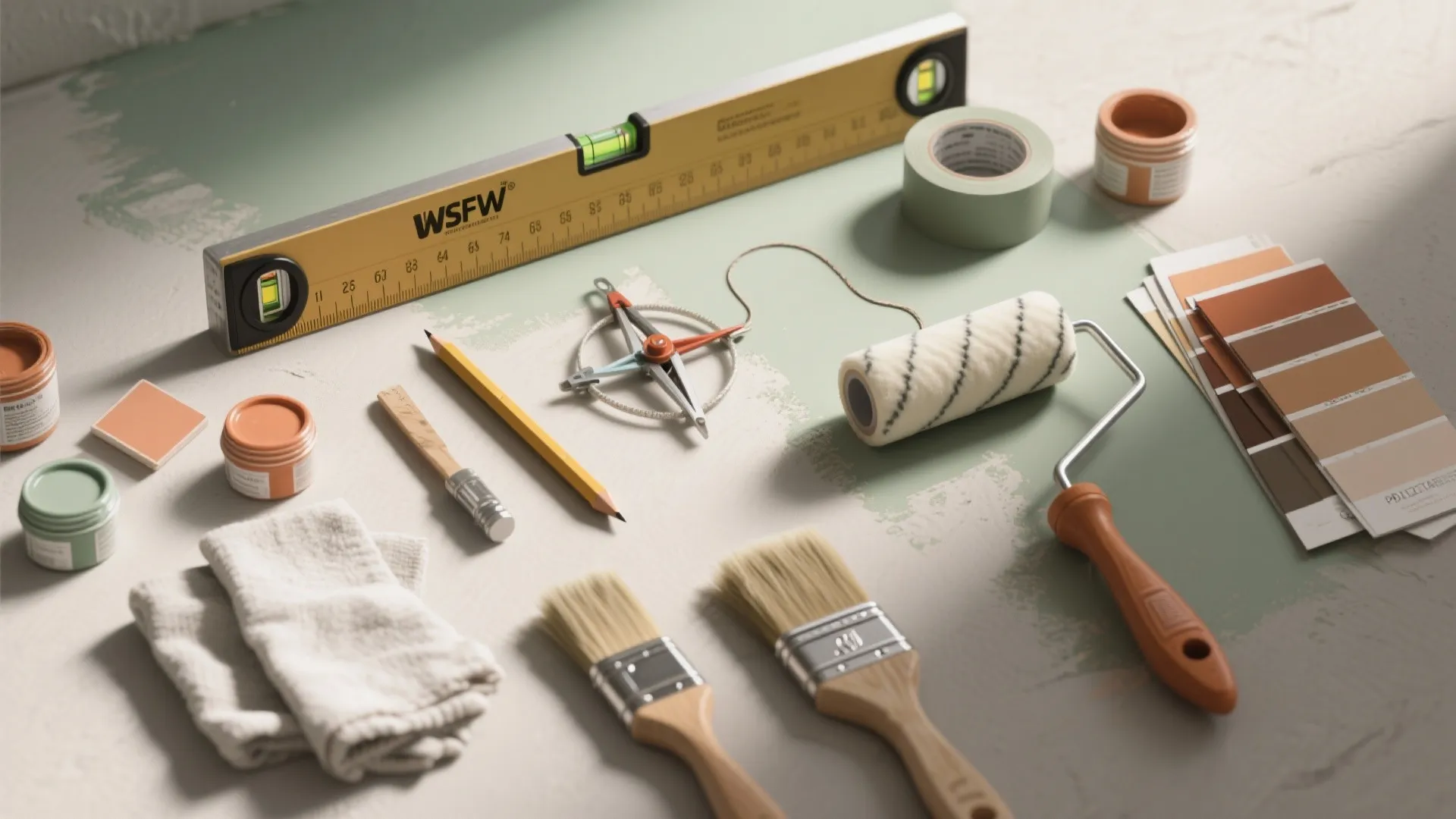 Selection of house painting tools including brushes roller level pencil and color cards on grey surface
