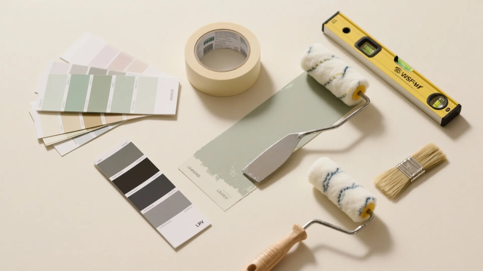Selection of painting tools including paint rollers brushes color swatches tape and a yellow level