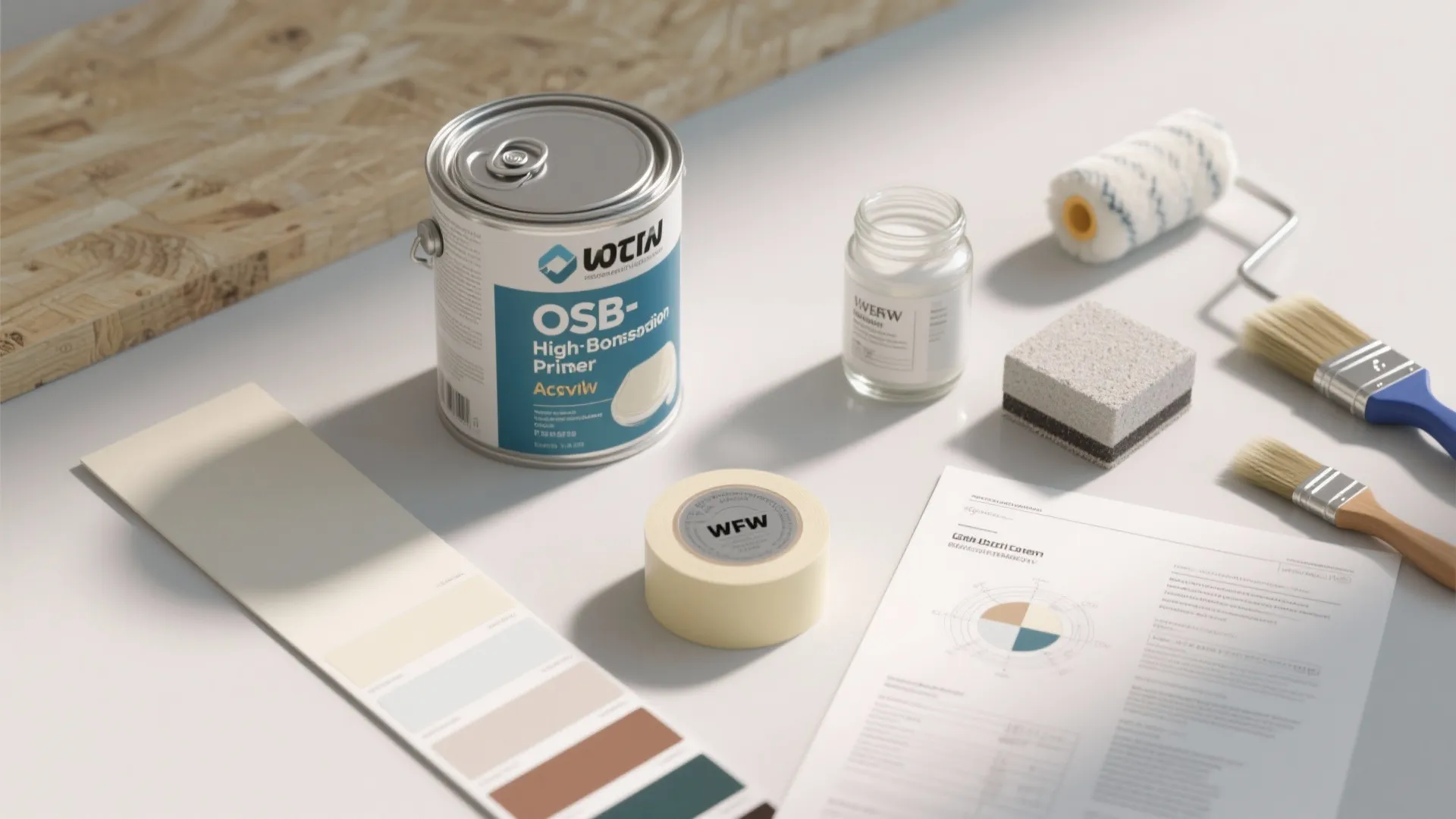 A paint can, color samples, tape, brushes, and rollers on a desk for home renovation