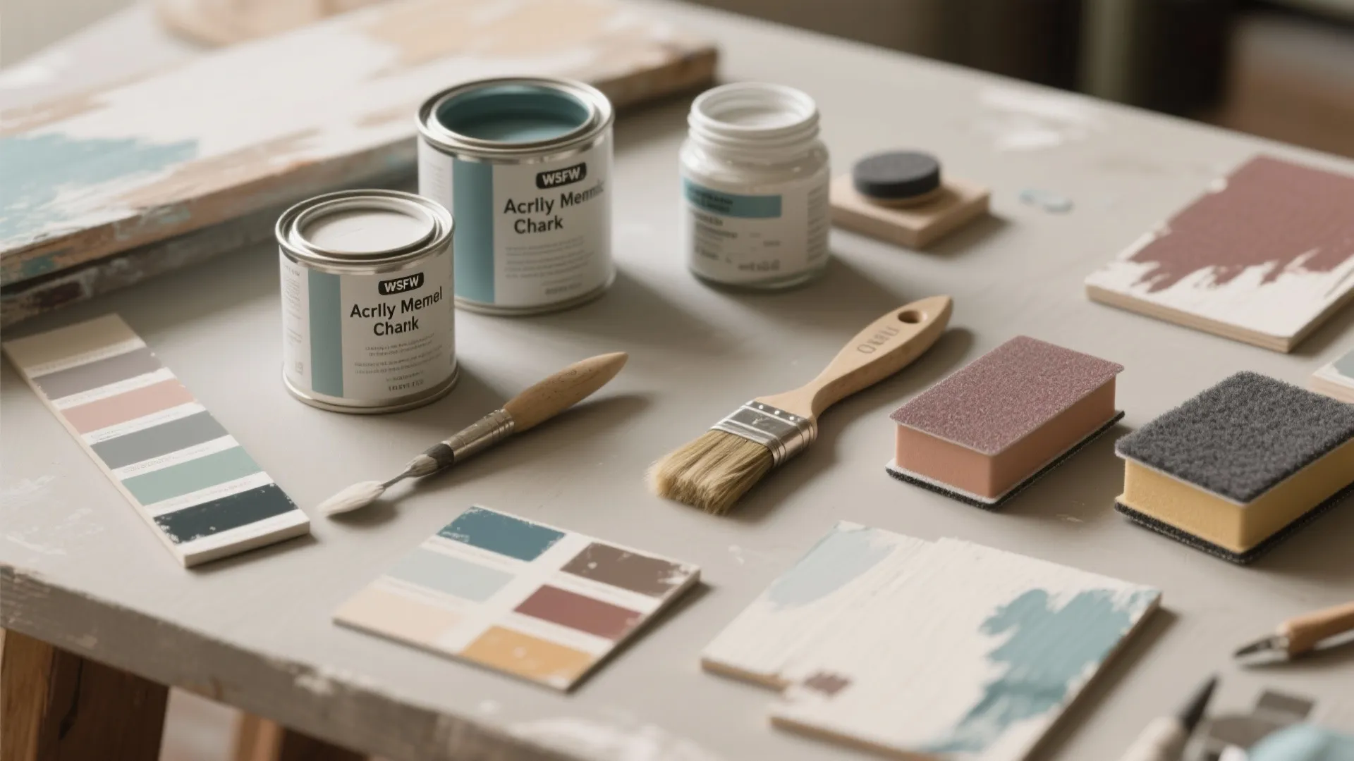 Top-down flatlay of furniture painting supplies: paint tins, primer, brushes, sandpaper, swatches and test panels.