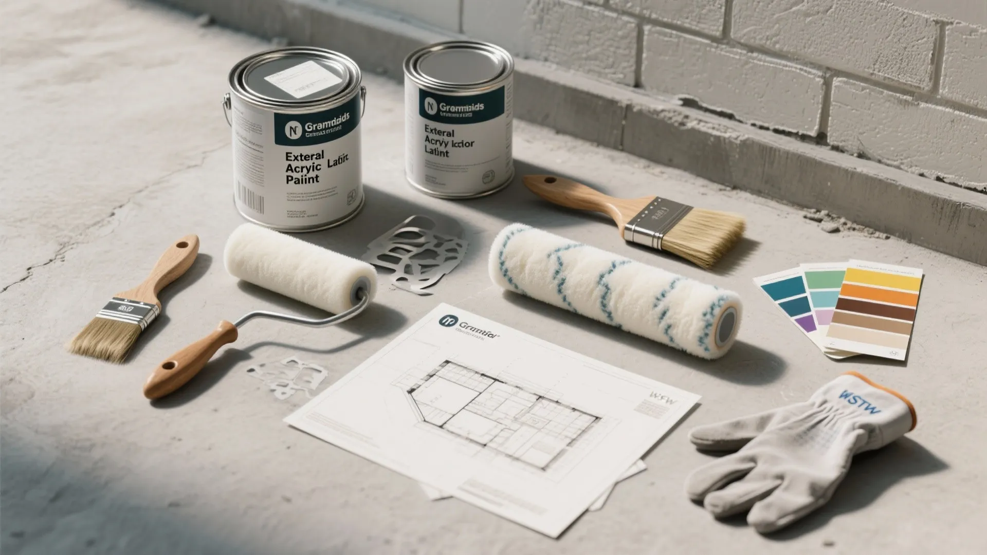 House painting tools with paint cans brushes rollers color swatches and floor plan on concrete floor