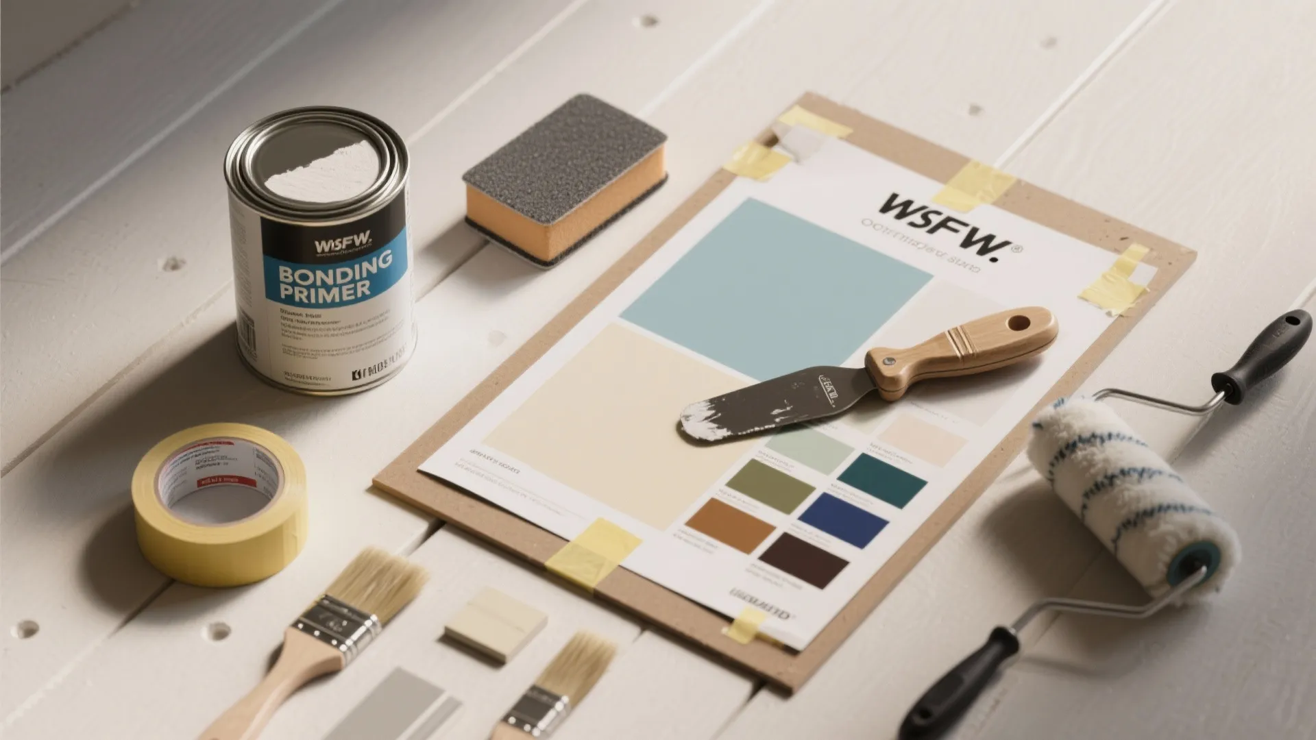 Painting tools including bonding primer can brushes tape roller and colorful paint swatches on floor