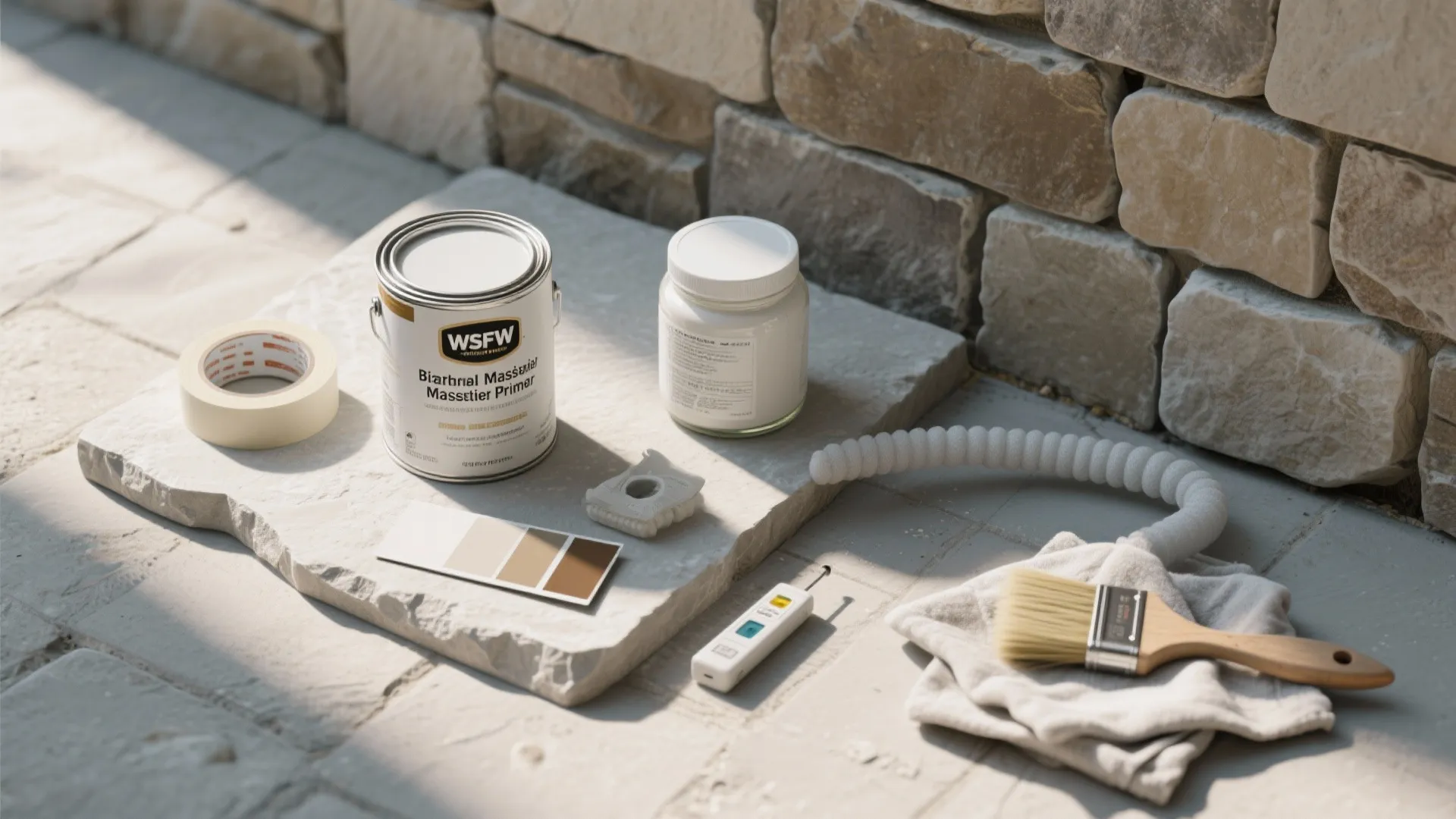 Paint cans wooden brush tape and color samples on stone floor near textured rock wall