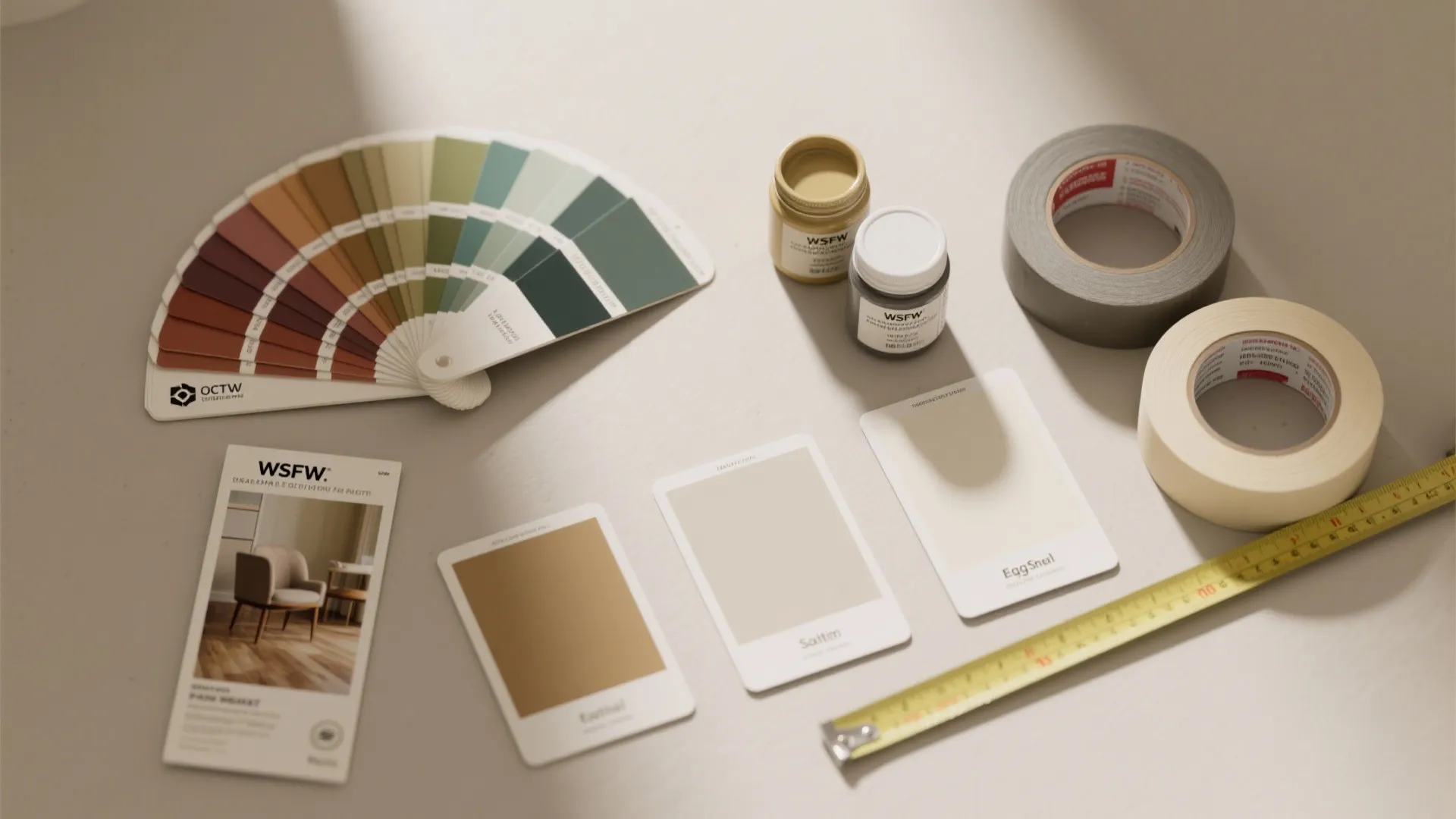 Table with a color fan paint samples small paint jars tape and a yellow measuring tape