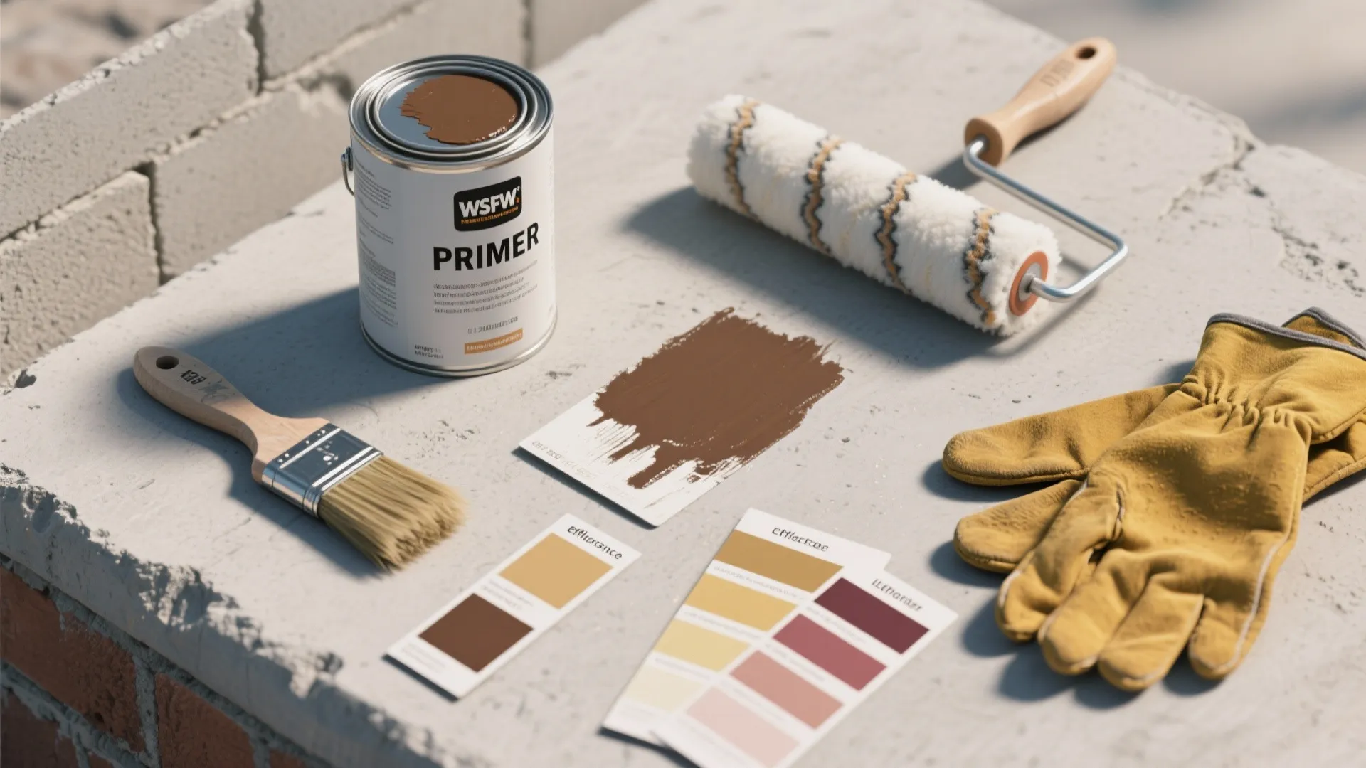 A can of primer with a paint brush roller yellow gloves and color sample cards