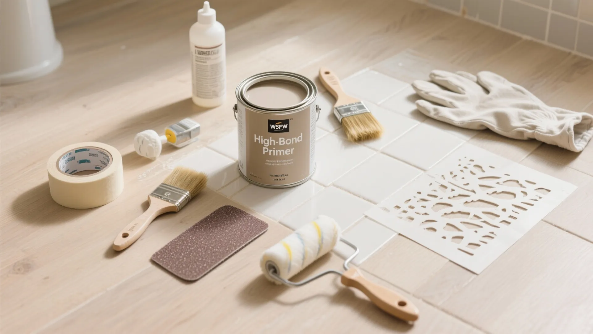 A can of paint surrounded by brushes tape a roller and gloves on wood floor