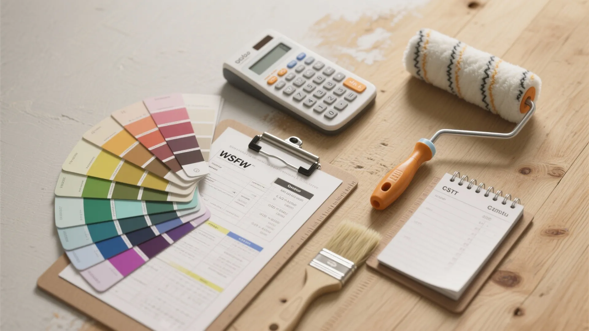 Interior painting tools on wooden table with color swatches paint roller brush calculator and clipboard
