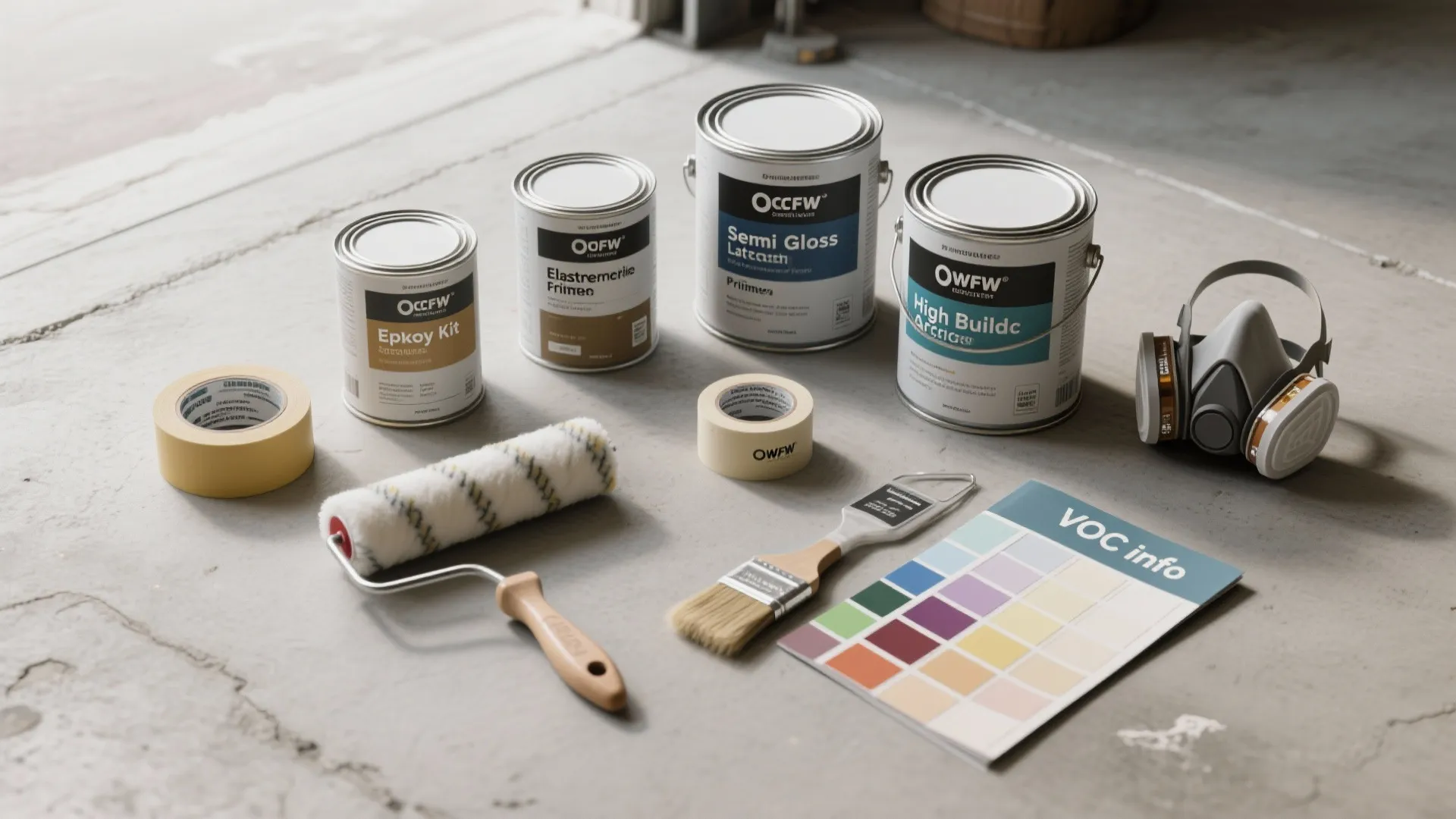 Collection of painting tools including paint cans roller brush tape and color samples on floor