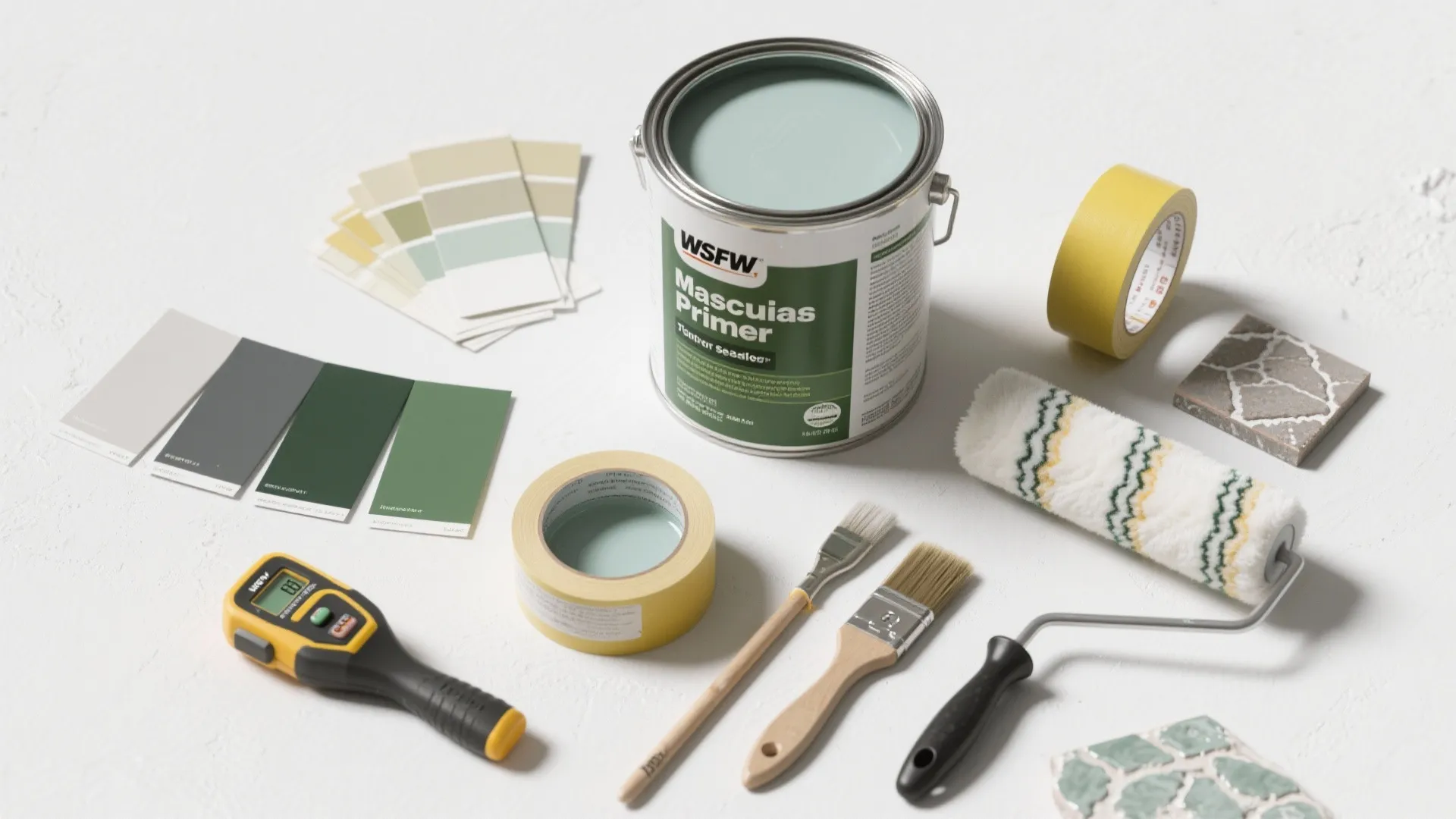 Flatlay of masonry primer, paint swatches, brushes, roller, tape, moisture meter and epoxy sample for basement painting FAQ.