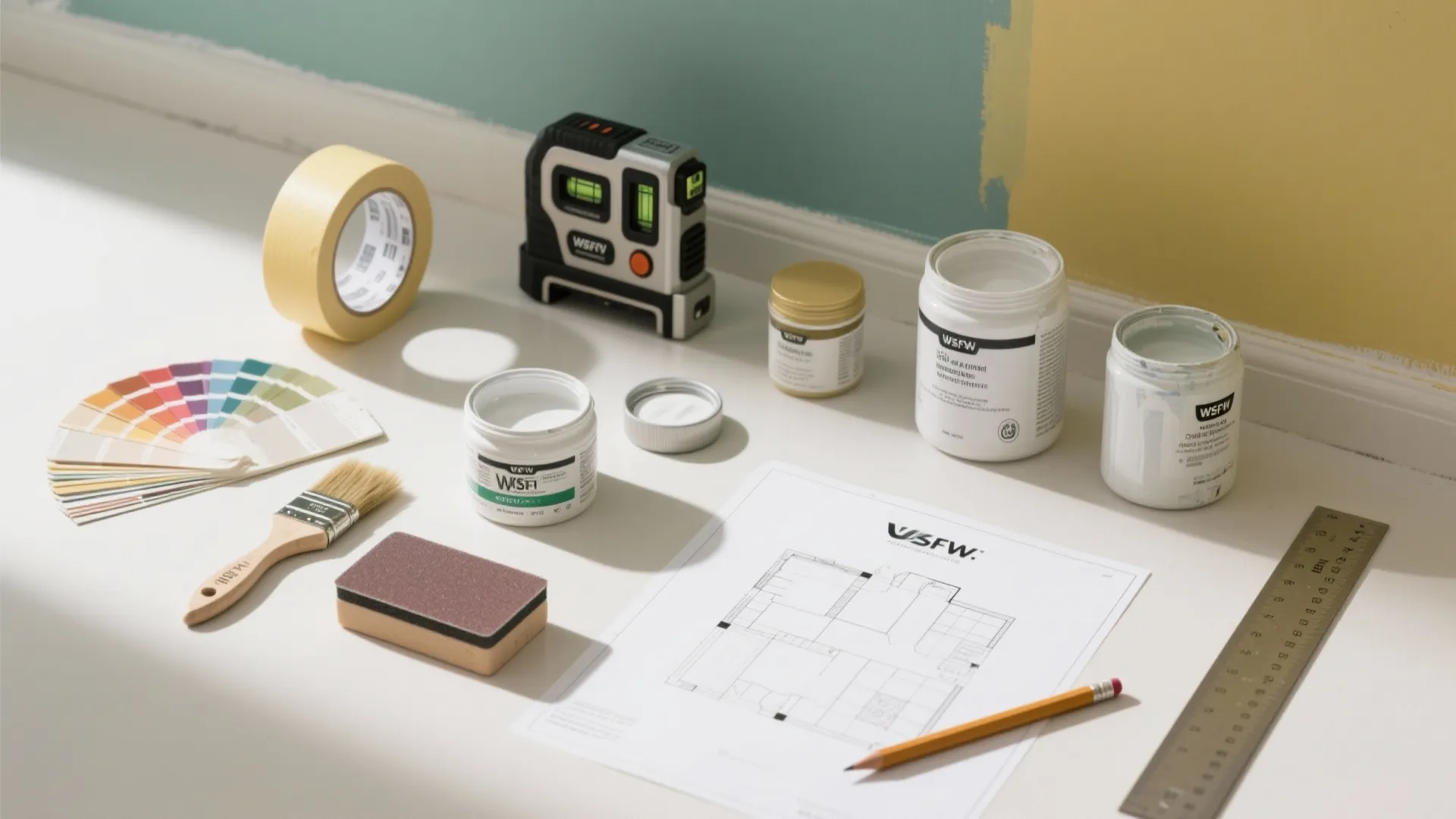 Collection of painting tools including paint cans brush color swatches and room layout drawing on desk