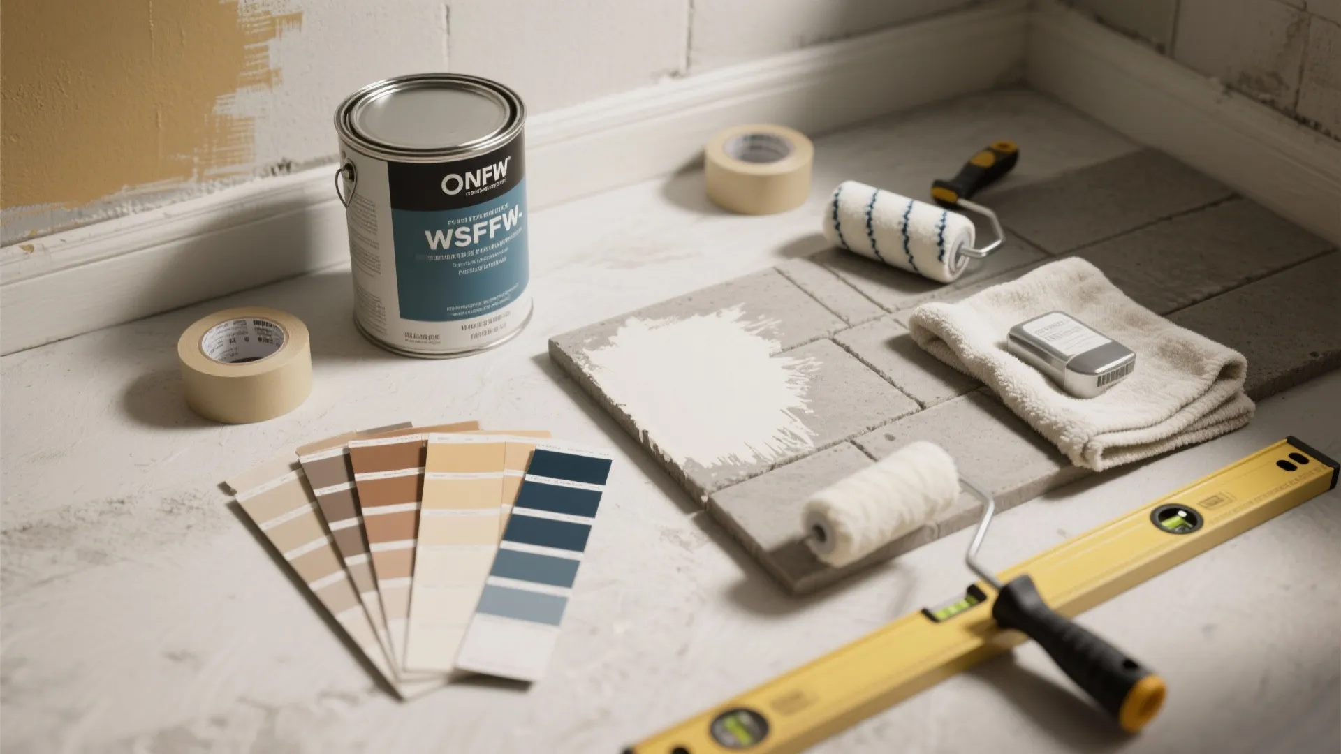 Top-down flatlay of paint swatches, masonry primer, tape, roller, laser level and a test patch for basement painting.