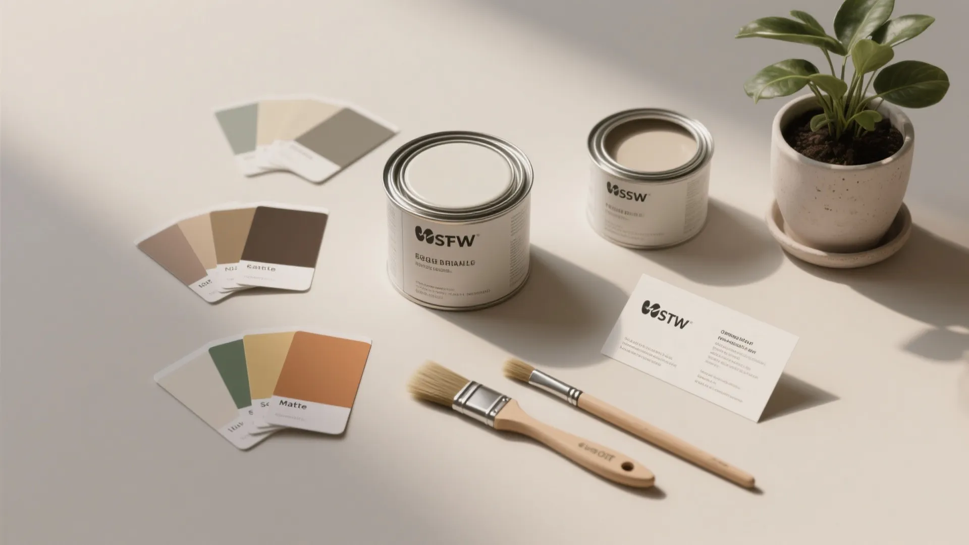 Flat lay of paint cans brushes and color swatches on a clean beige surface background