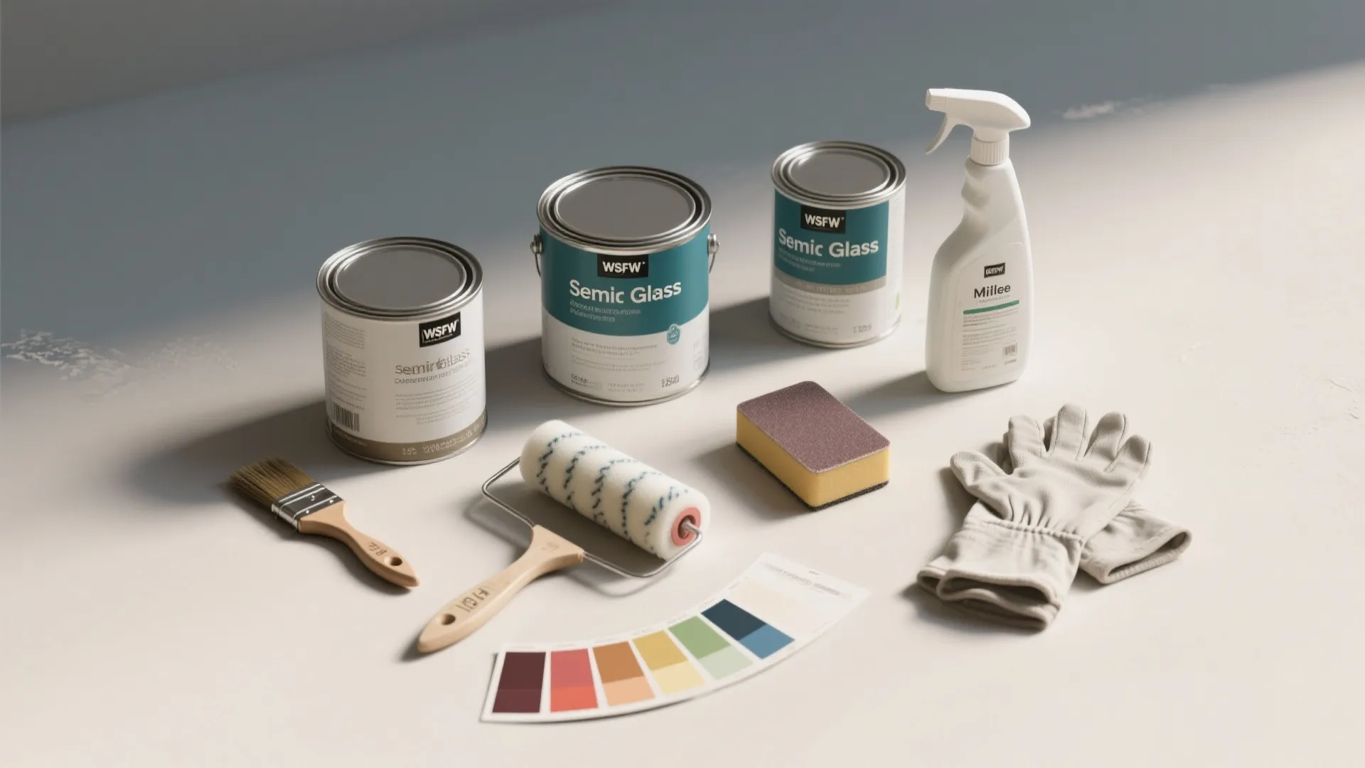 Collection of painting tools including paint cans brushes roller sponge gloves spray bottle and swatches