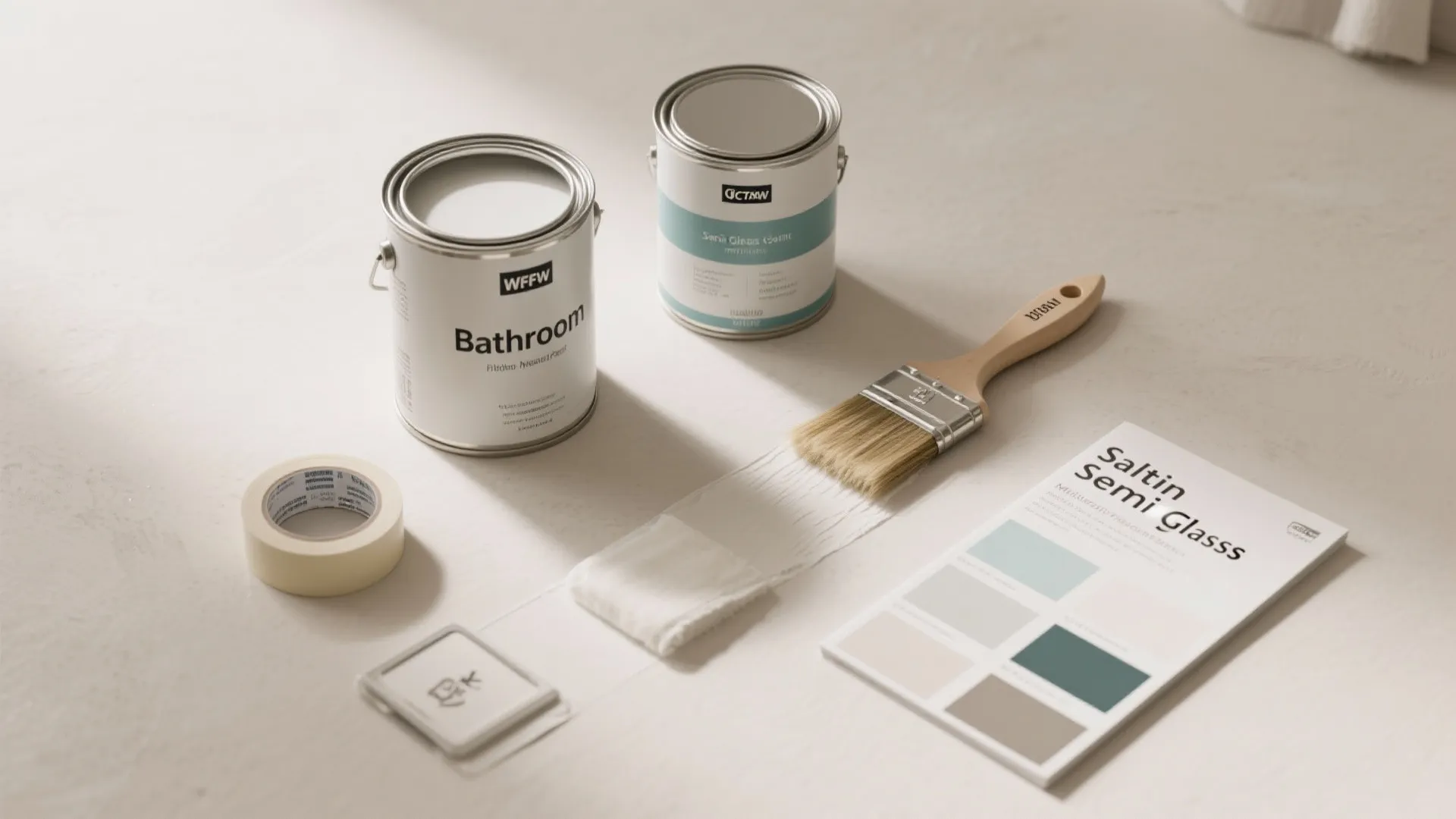 Two paint cans a brush masking tape and color samples on a light gray surface
