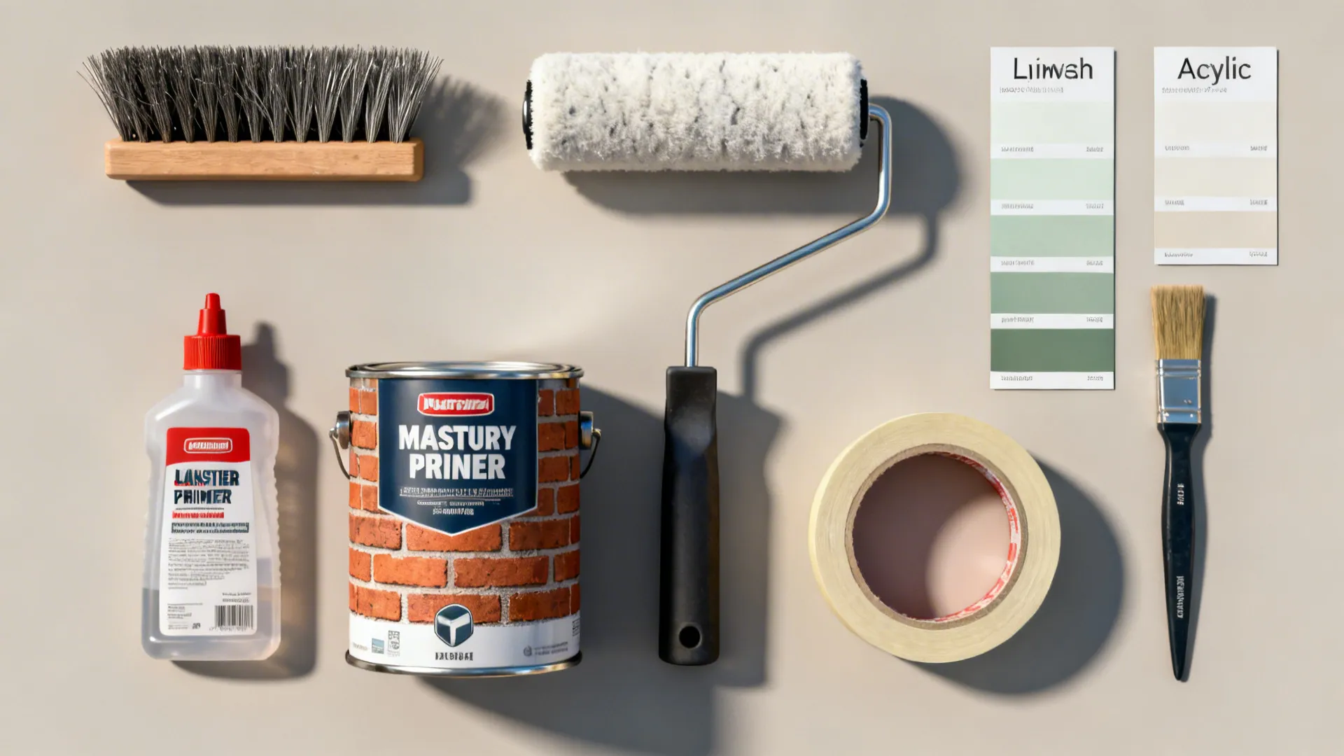 Painting tools including brushes roller primer can masking tape and color swatches on beige background
