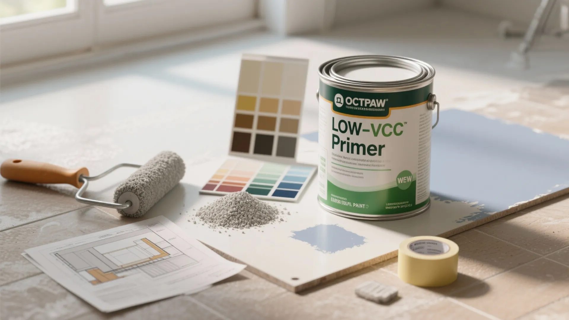 Close-up of floor painting tools: primer, paint swatches, tape, and patch test.
