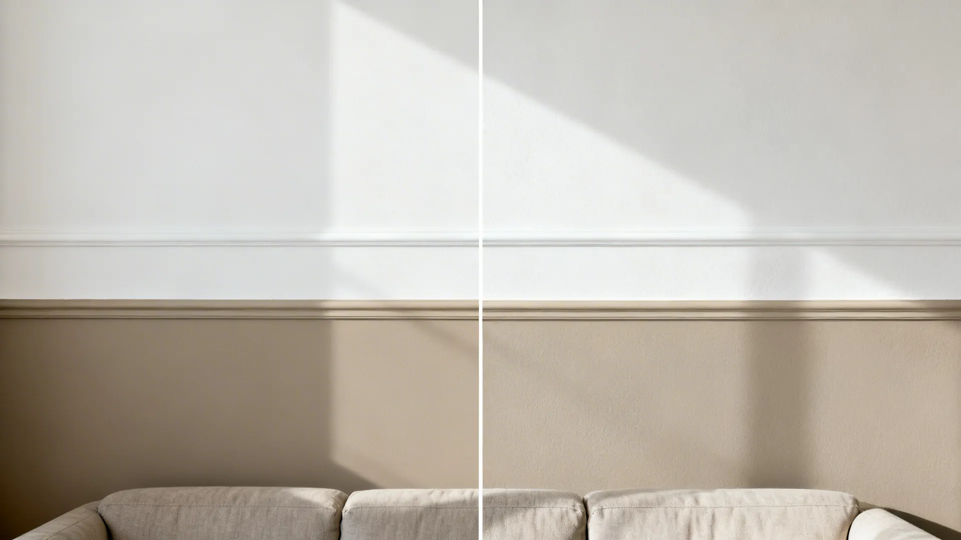 Before-and-after of a rental wall from plain white to two-tone greige with peel-and-stick molding creating a wainscot look.