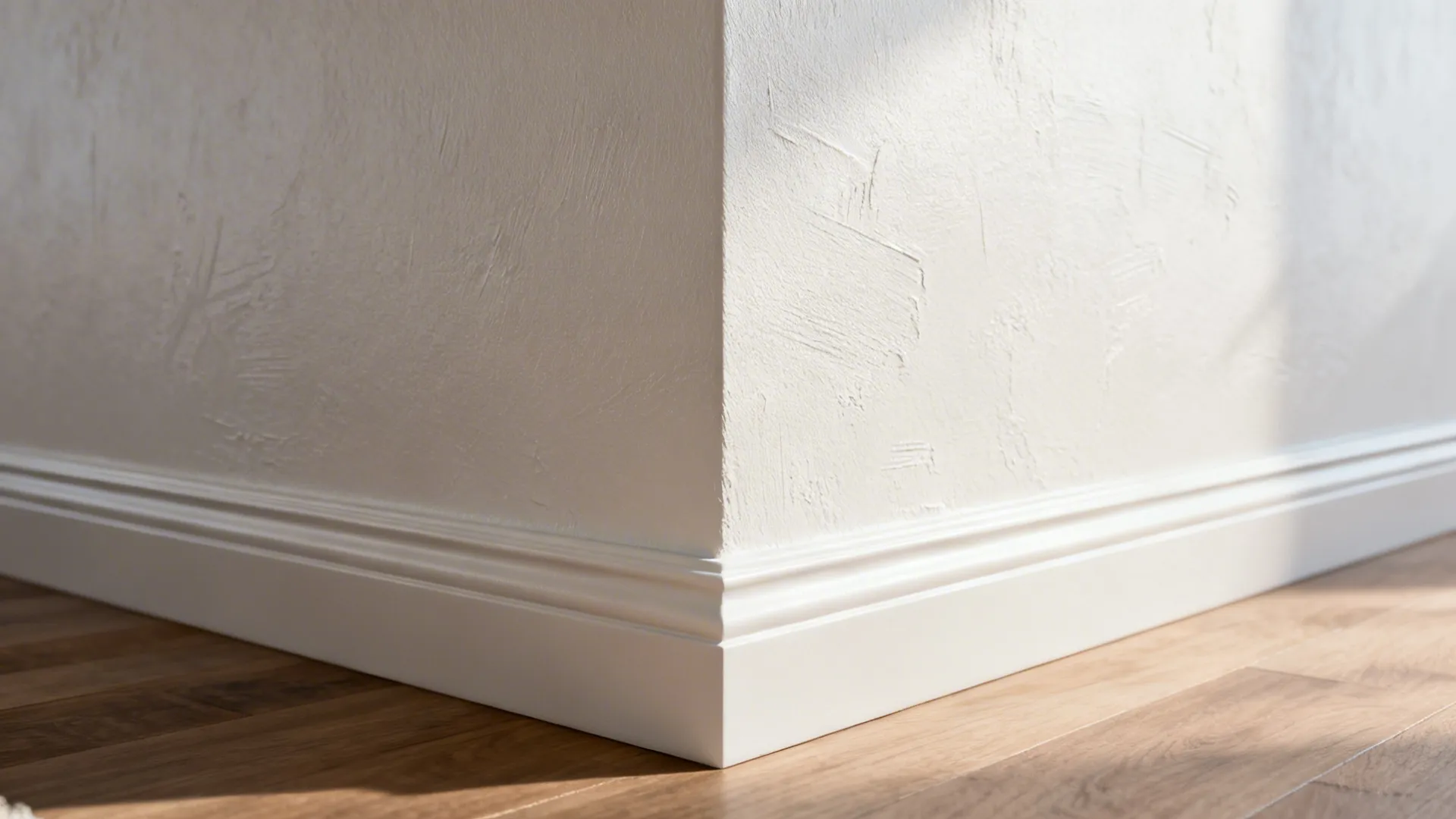 Close-up of a freshly painted accent wall and new baseboard trim in a living room.
