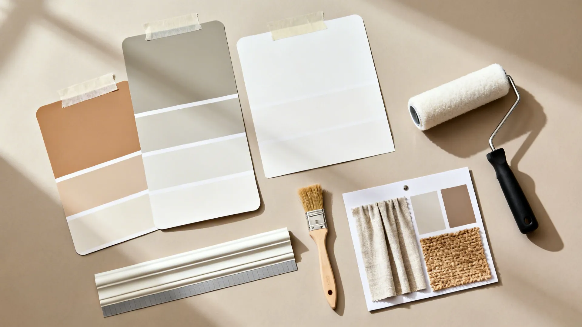 Flat lay of warm greige and white paint swatches, painter’s tape, peel-and-stick molding, and textile samples for a living room refresh.