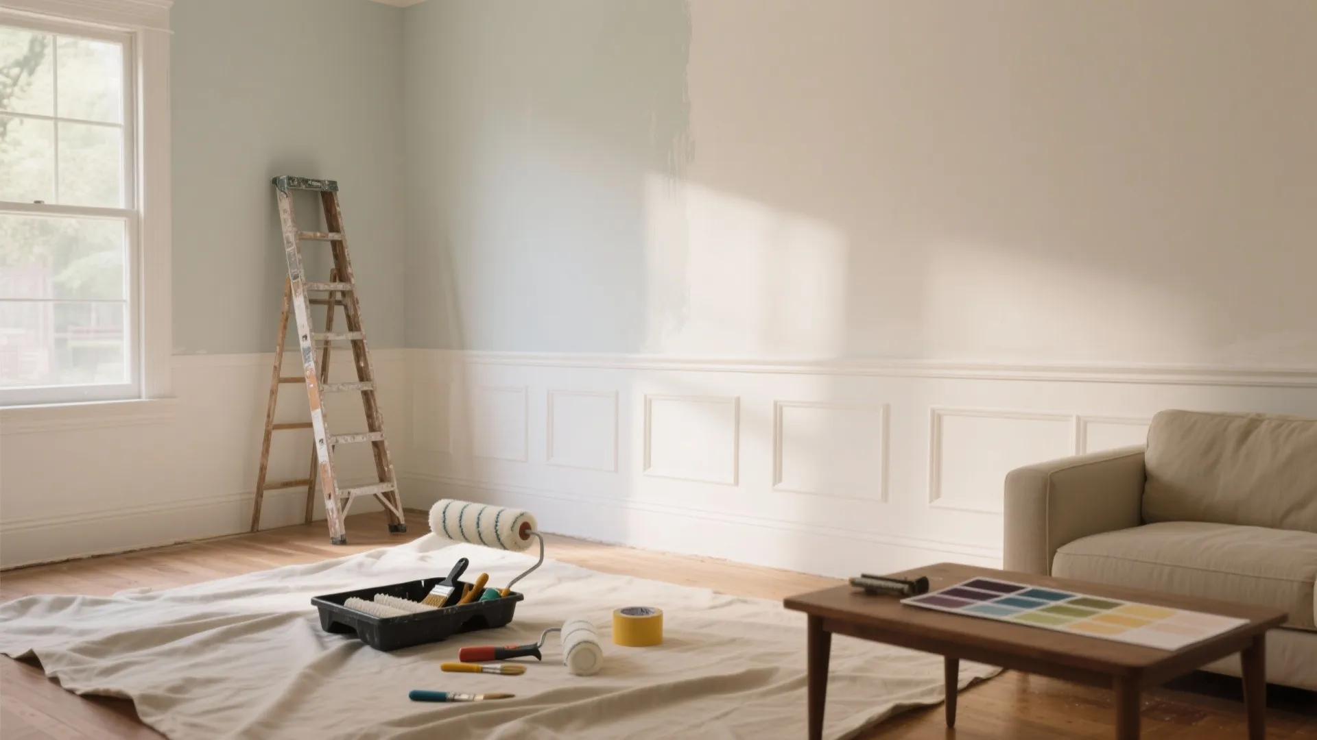 Half painted living room wall with white wall panel wooden ladder paint rollers and sofa