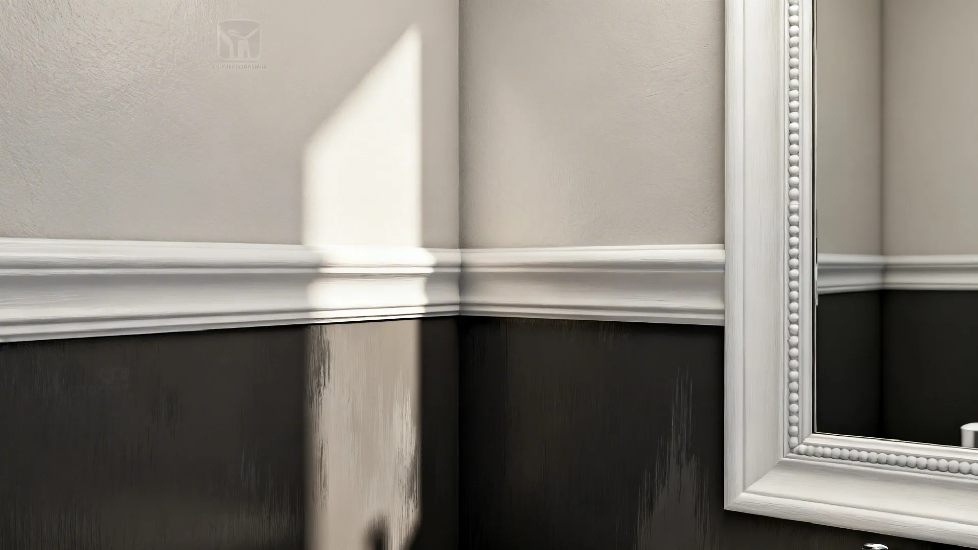 Close-up of bathroom accent wall and crisp painted trim showing a high-contrast style upgrade.