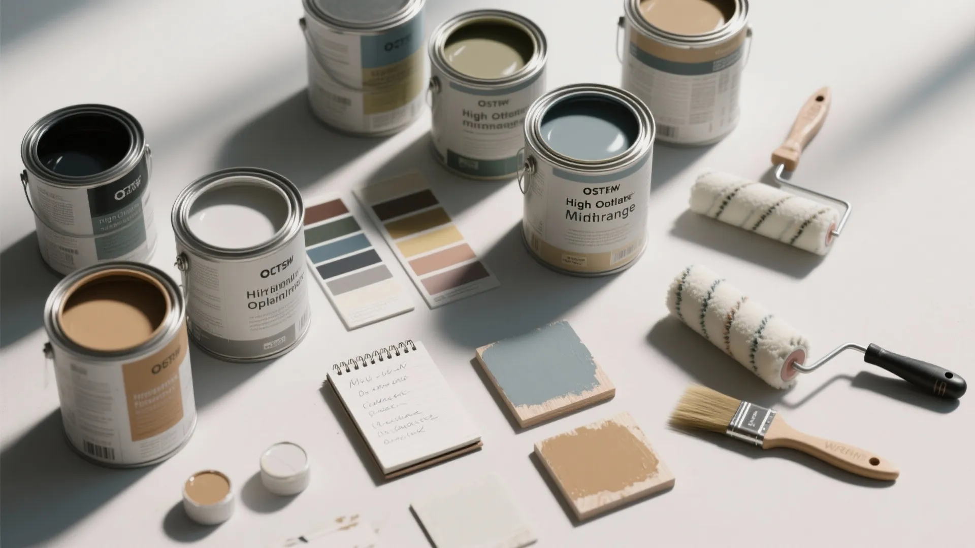 Top-down flatlay of paint cans, swatches, brushes and sample boards comparing one coat and two coats.
