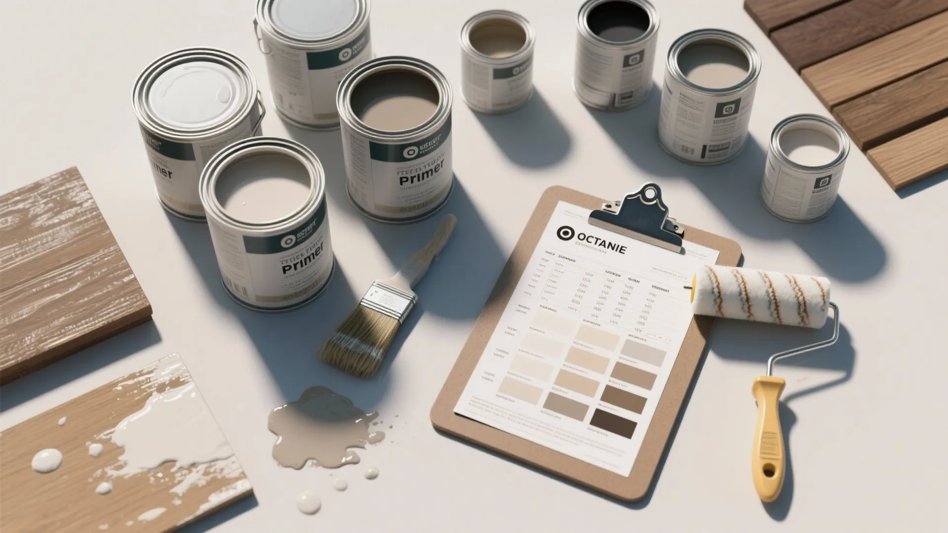Several open paint cans with brushes rollers and a color chart for home renovation projects
