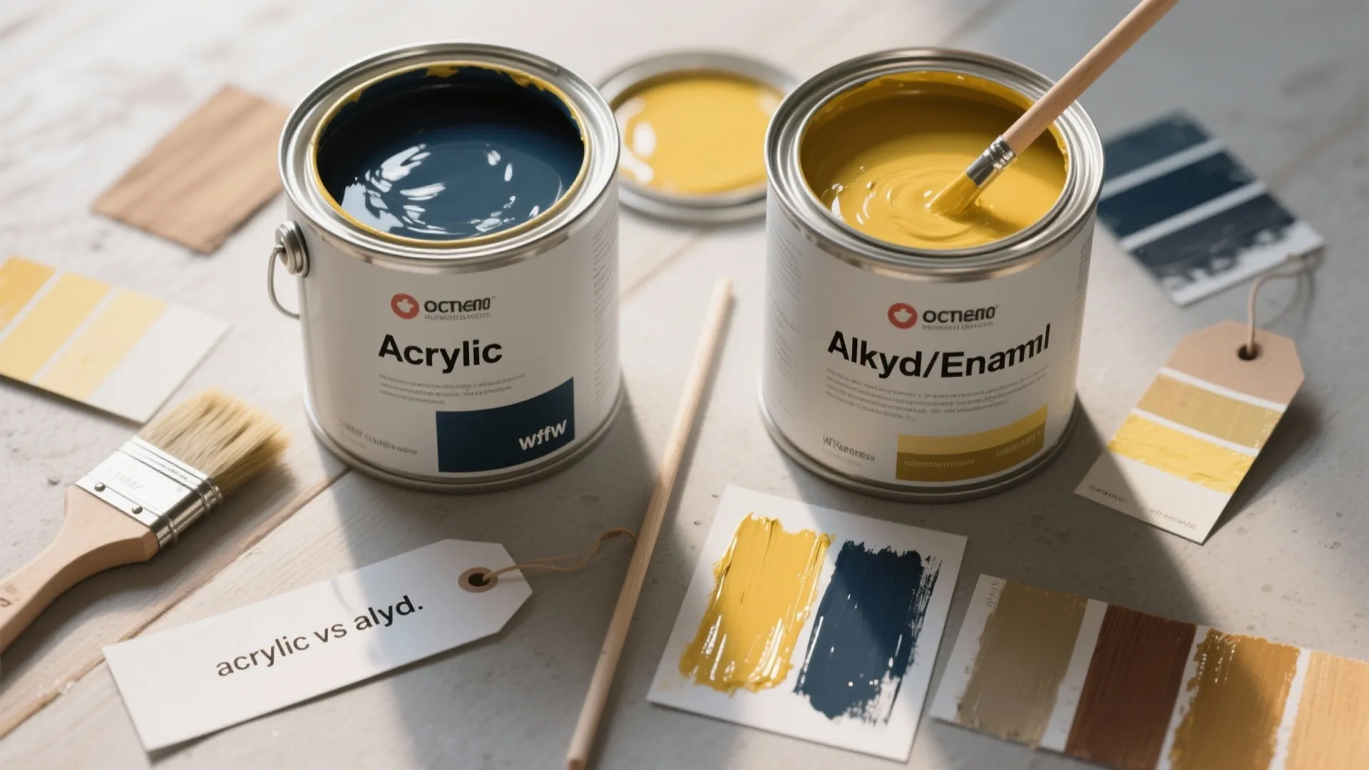 Two open paint cans with brushes and color samples comparing acrylic and enamel paint types clearly