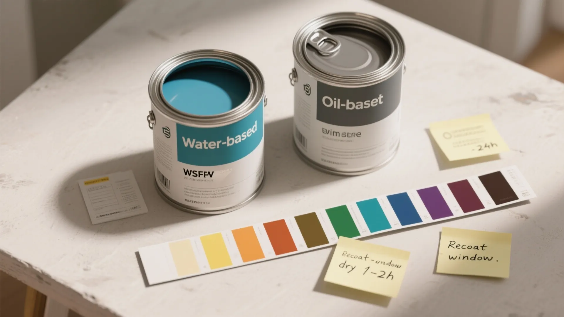 Water and oil paint cans on a table with color swatches and small yellow notes